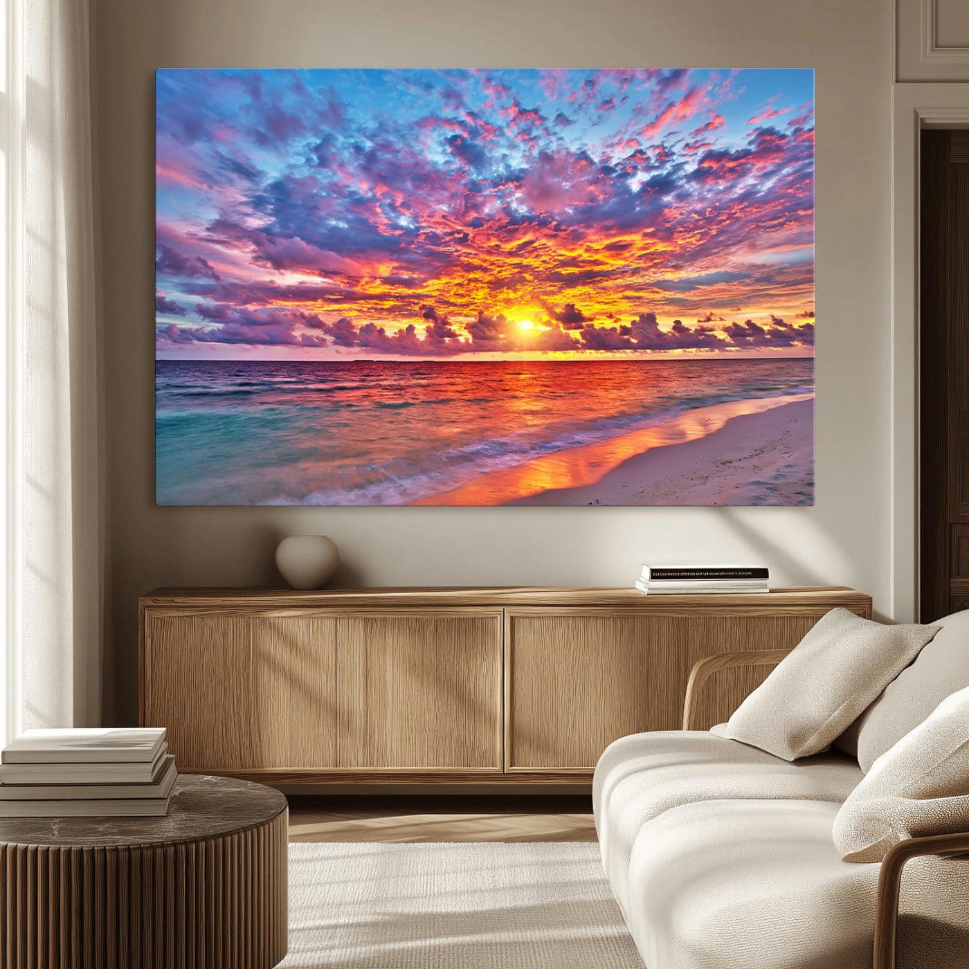 MGV-CV-36X24 - Vibrant Sunset Beach Wall Art - Ocean Sunset Canvas Print | Coastal Wall Art Decor Stunning Sunset