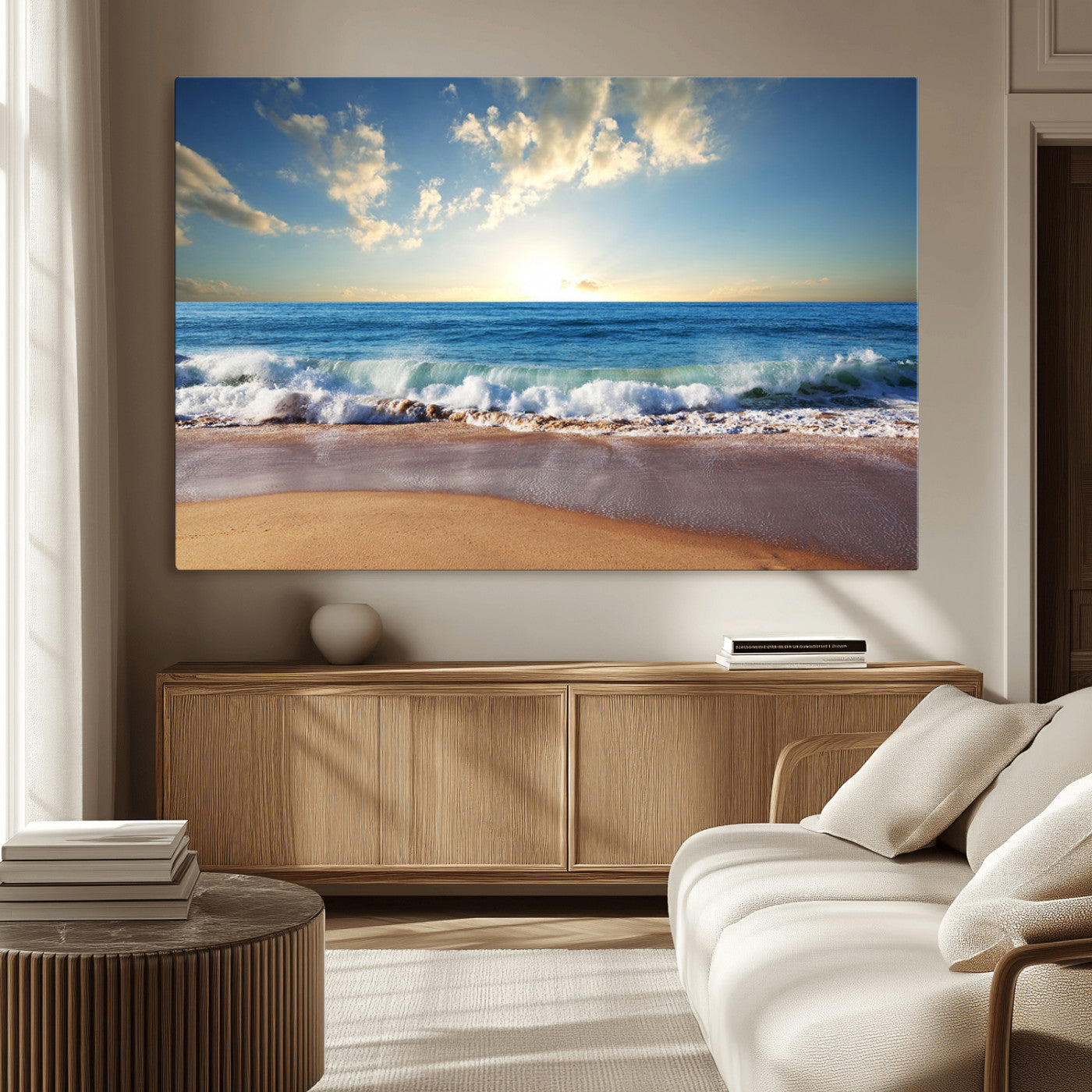 -Serene Ocean Sunset Canvas Wall Art - Beach Waves at Sunset, Ready to Hang