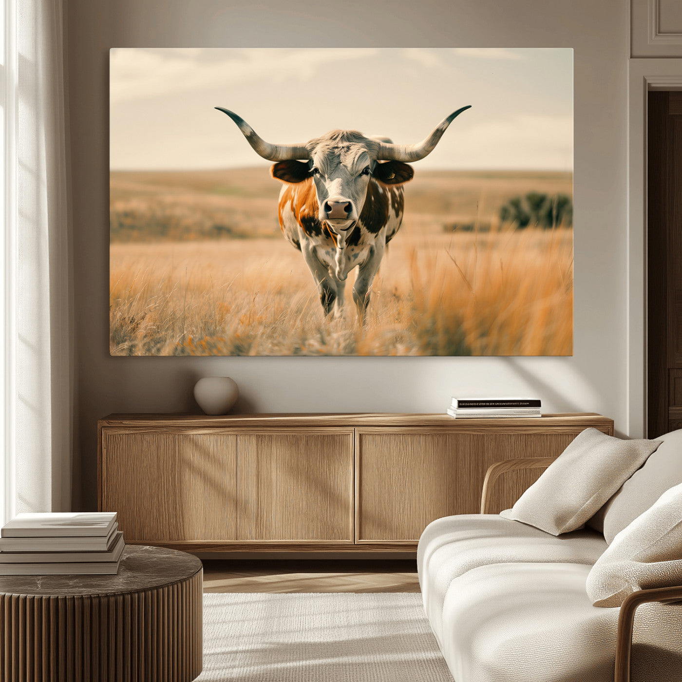 MGV-CV-36X24 - Texas Cow Longhorn Wall Art Canvas Print for Farm House Wall Decor, Farmhouse Cow Print Canvas Wall