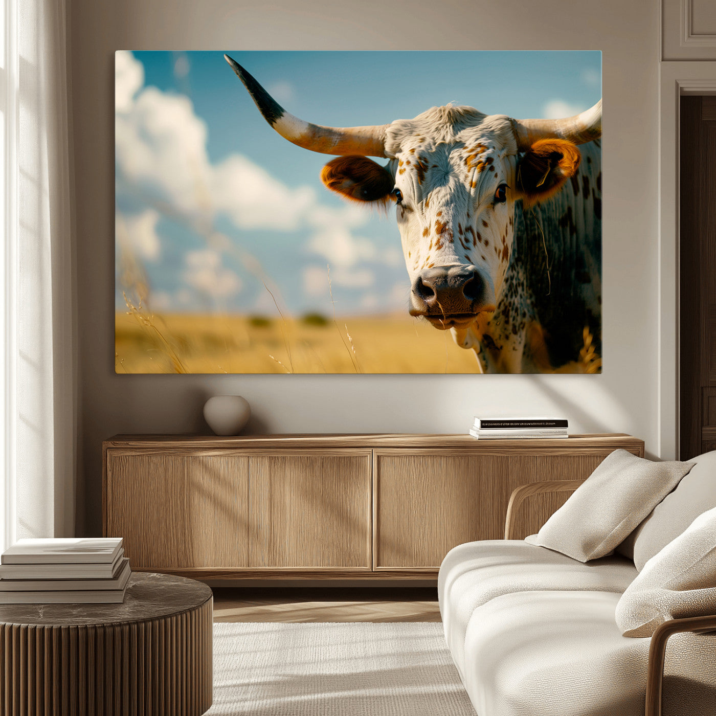 MGV-CV-36X24 - Longhorn in the Prairie - Stunning Ranch-Style Triptych Wall Art for Western Home Decor, Cowboy Wall