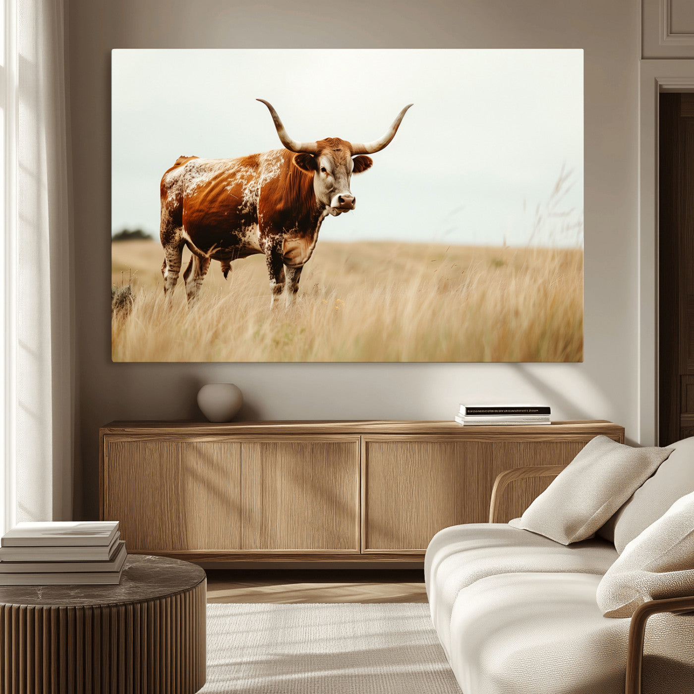 MGV-CV-36X24 - Texas Longhorn Canvas Wall Art Print – Majestic Western Cattle in Rustic Farmhouse Decor – Cow Wall