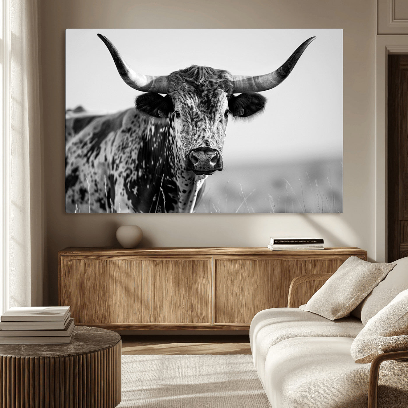 MGV-CV-36X24 - Texas Highland Cow Longhorn Canvas Print - Rustic Farmhouse Wall Art - Large Texas Longhorn
