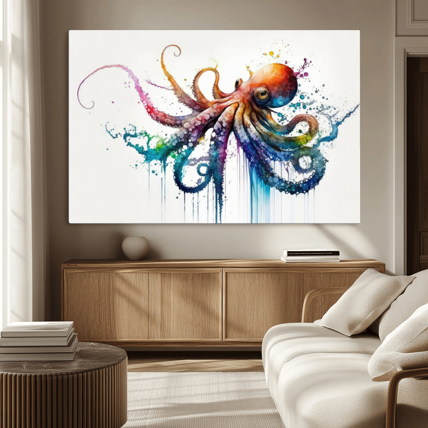 -Watercolor Vibrant Octopus Wall Art Canvas Print | Abstract Sea Life Art | Colorful Marine Creature