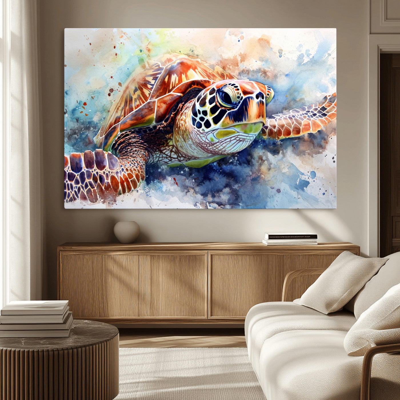 -Watercolor Sea Turtle Wall Art Canvas Print - Vibrant Ocean Colors in Watercolor Style - Ready to