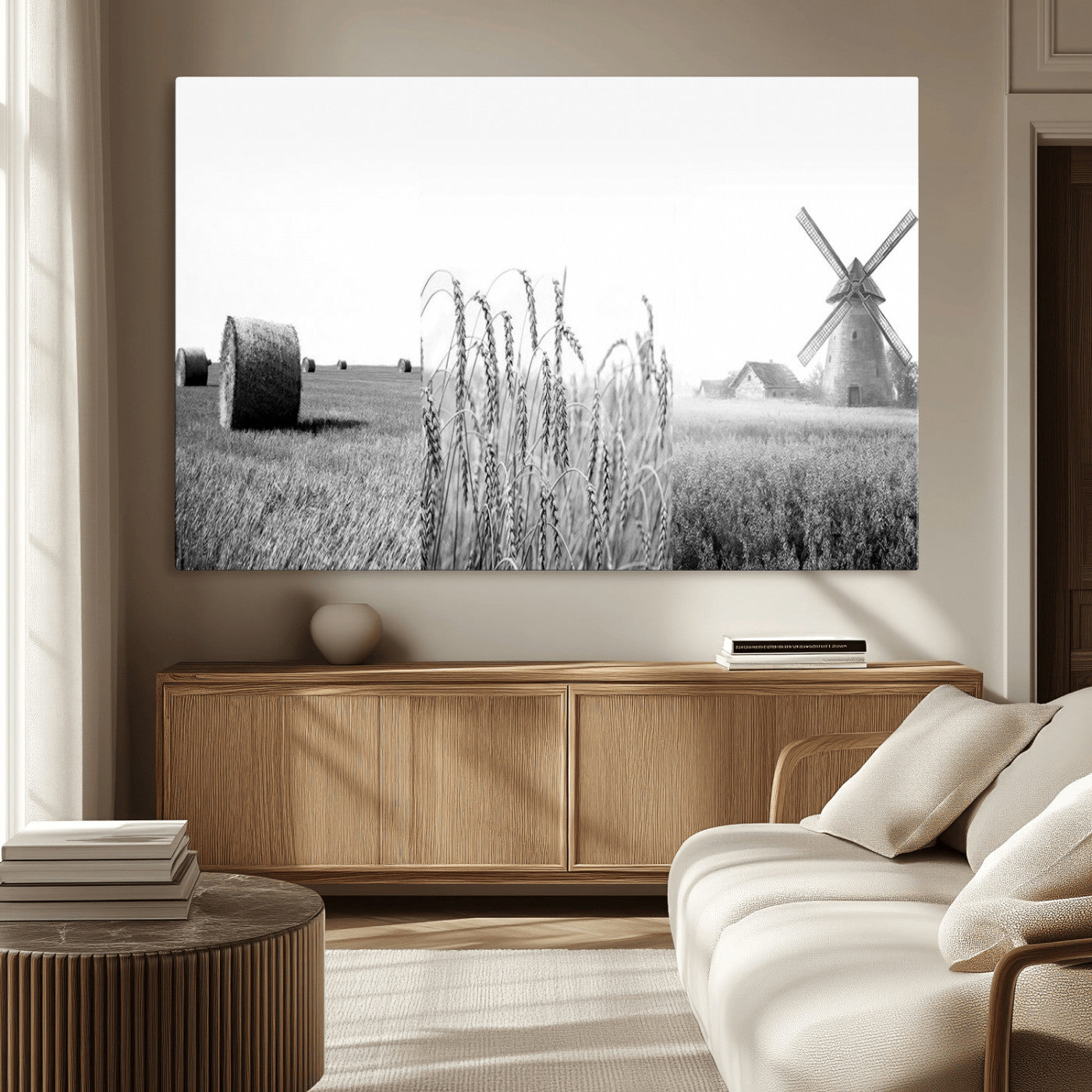 MGV-CV-36X24 - Vintage Farmhouse Black and White Triptych Wall Art – Giclee Canvas Featuring Wheat Fields, Hay