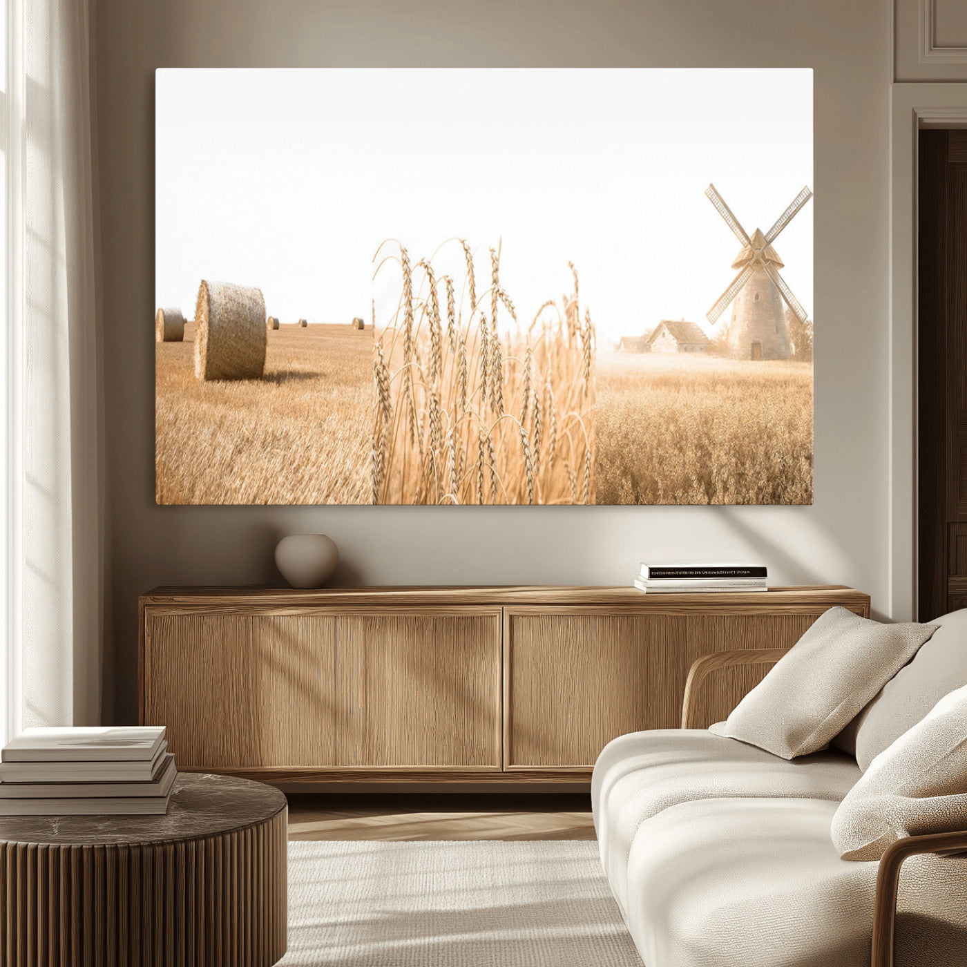 MGV-CV-36X24 - Vintage Farmhouse Triptych Wall Art – Giclée Canvas Featuring Wheat Fields, Hay Bales, and a