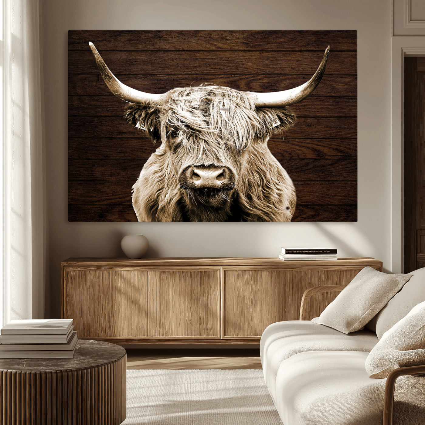 MGV-CV-36X24 - Highland Cow Wall Art Canvas Print, Rustic Farmhouse Decor, Majestic Scottish Highland Bull Portrait