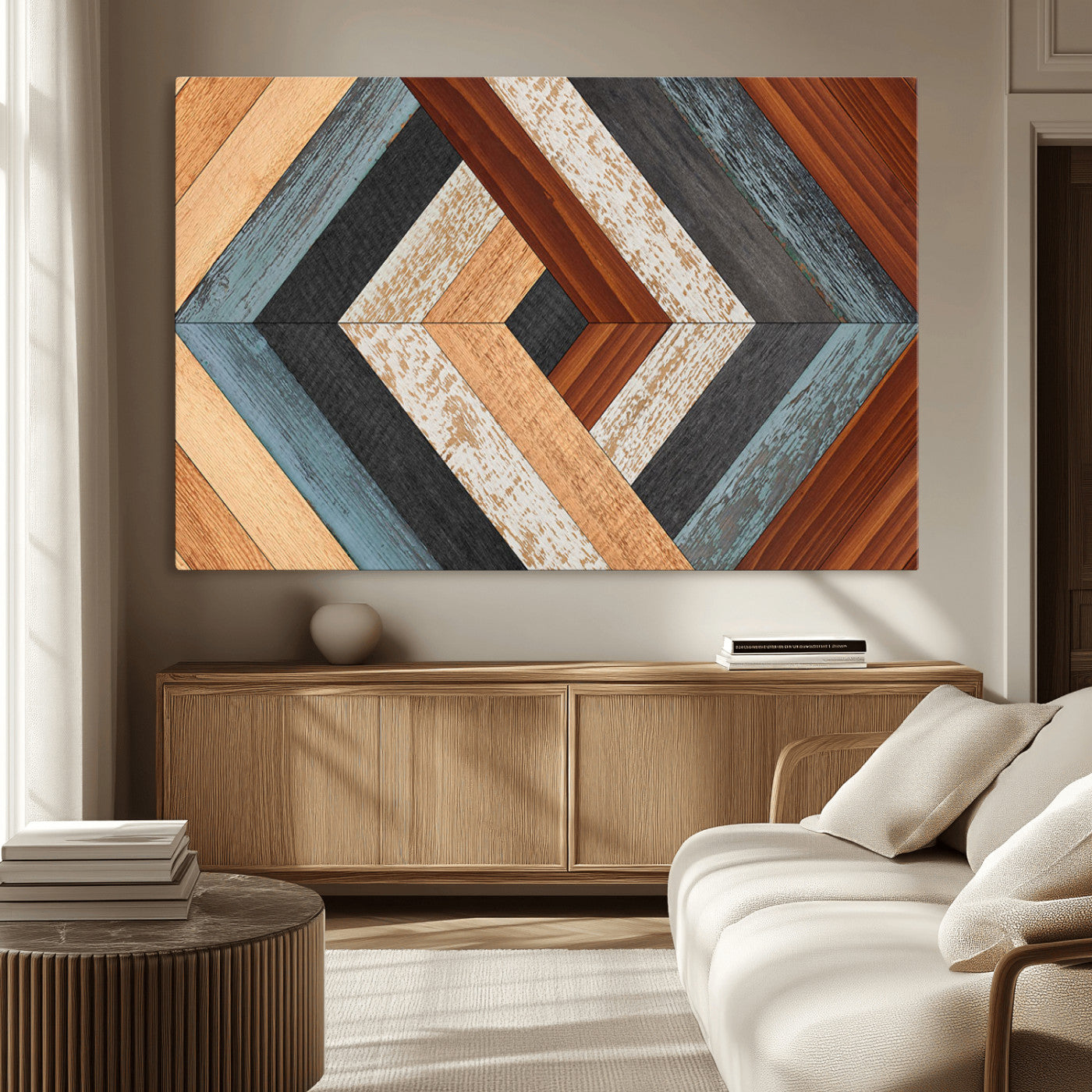 MGV-CV-36X24 - Geometric Wood Art Wall Decor Canvas Print, Rustic Wooden Pattern Triptych Wall Art for Living Room