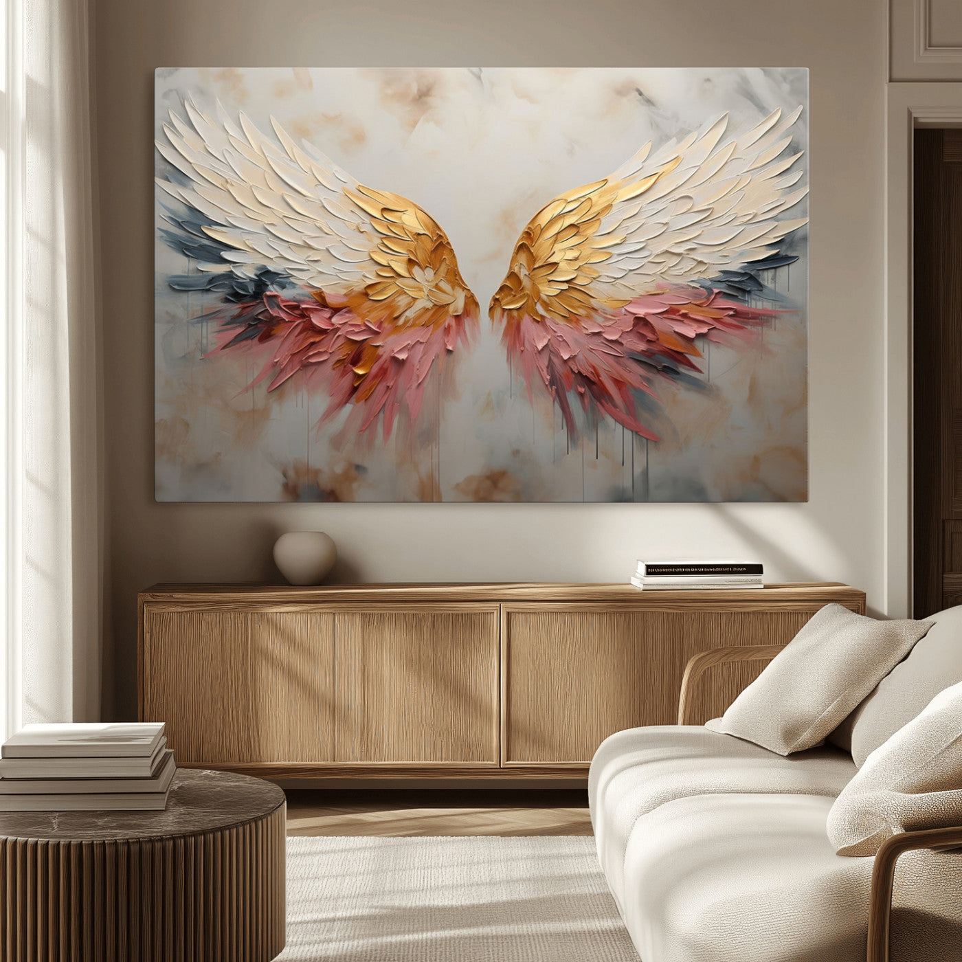 MGV-CV-36X24 - Golden Angel Wings Wall Art Canvas Print – Stunning Abstract Winged Art for Elegant Home Decor –