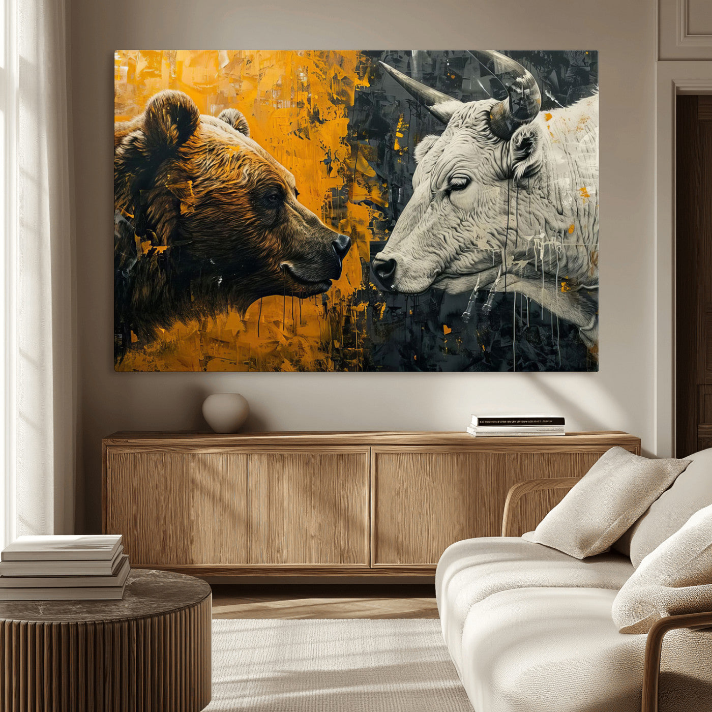 MGV-CV-36X24 - Bear and Bull Wall Art Canvas Print – Abstract Animal Portrait Painting for Modern Home Decor –