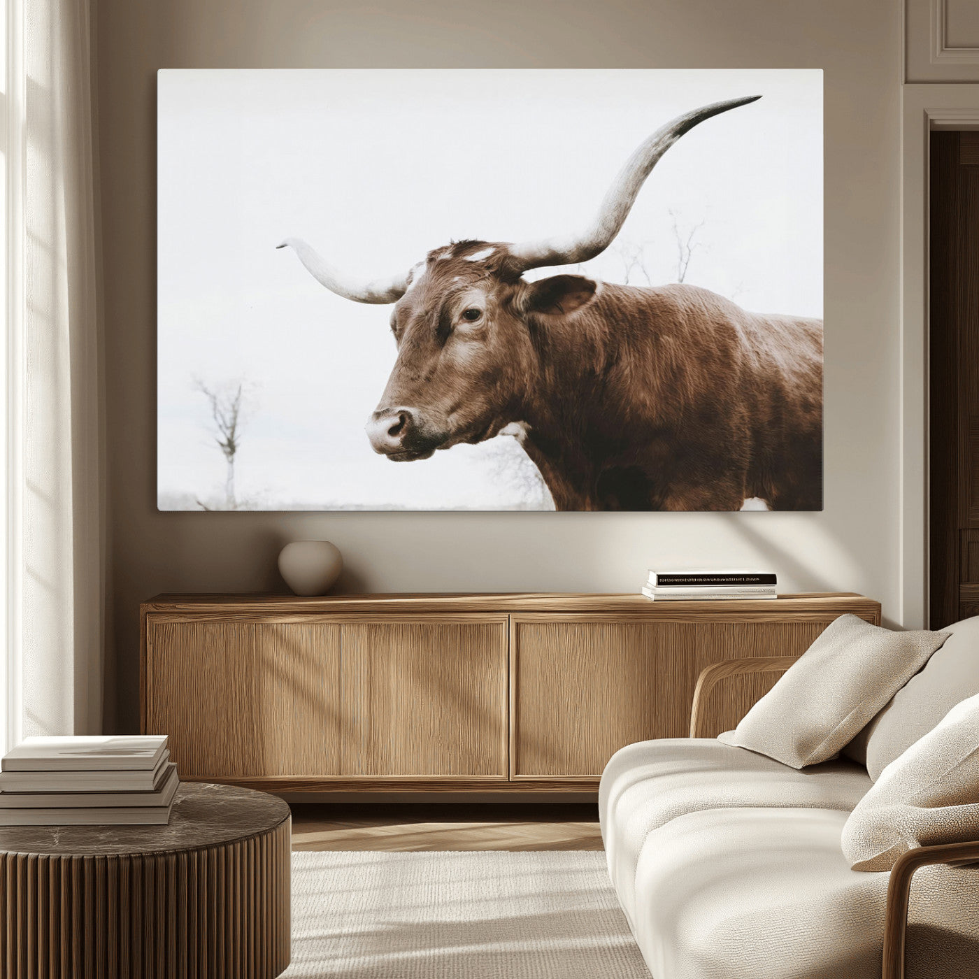 MGV-CV-36X24 - Rustic Bull Wall Art Canvas Print – Modern Longhorn Farmhouse Animal Decor – Abstract Farm Cow