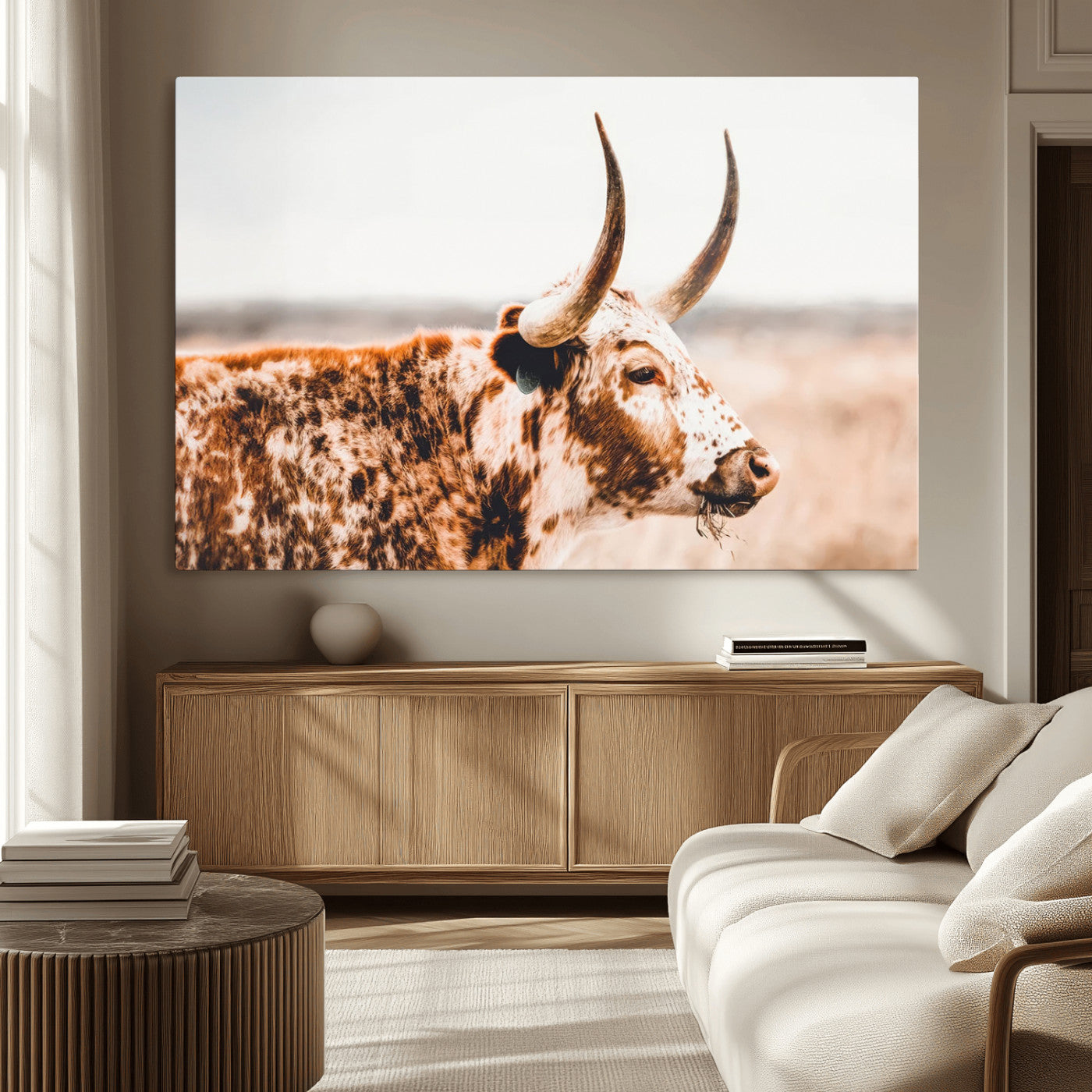 -Speckled Bull Wall Art Canvas Print – Rustic Cow Longhorn Farmhouse Animal Decor – Western Longhorn