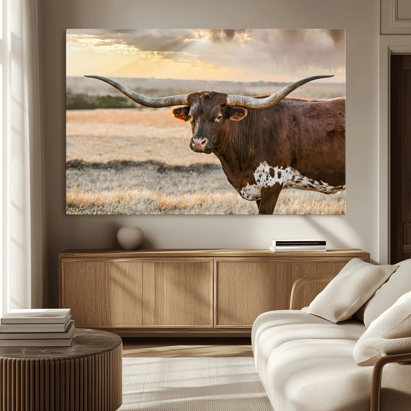 -Texas Longhorn Wall Art Canvas Print, Rustic Ranch Decor, Majestic Western Longhorn Cattle