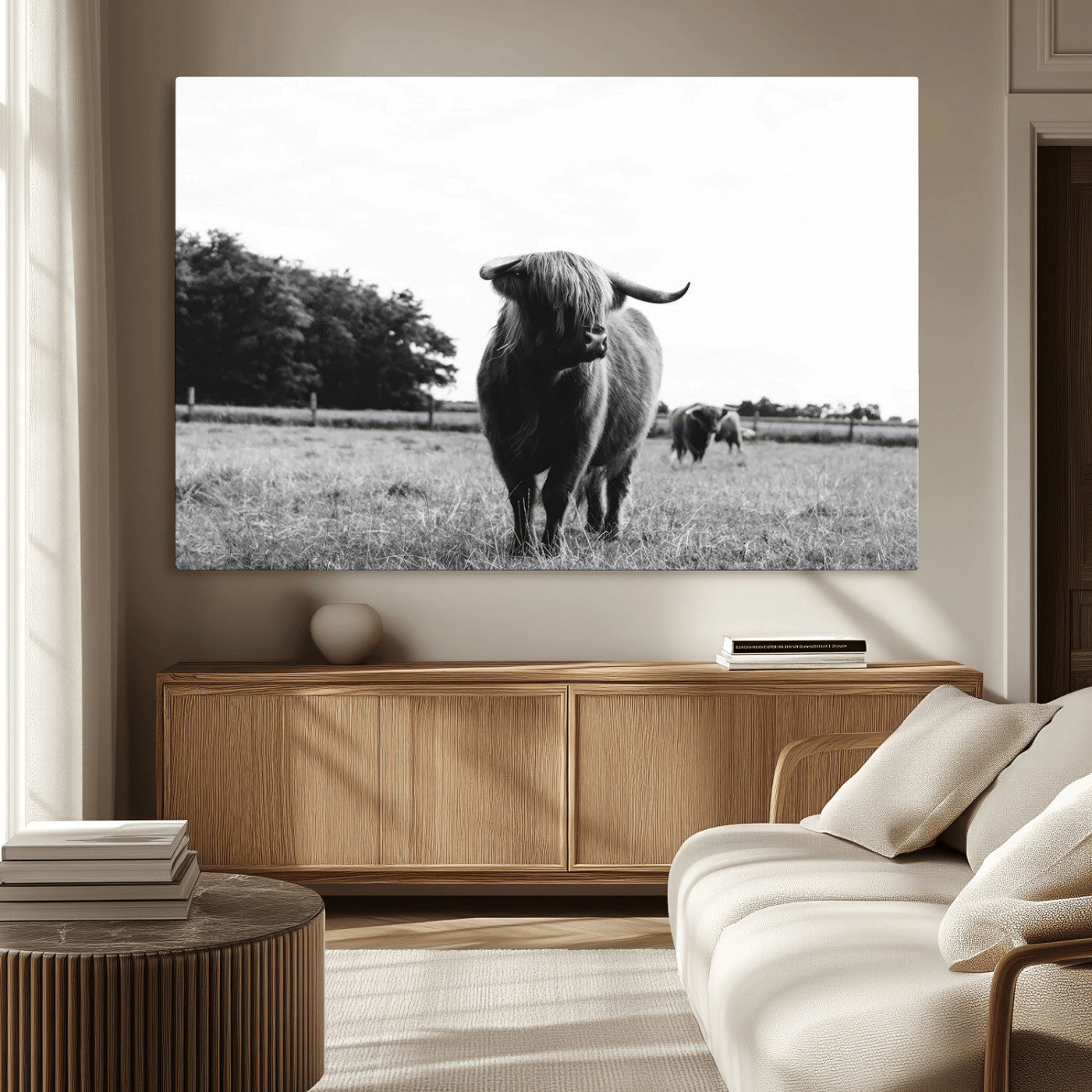MGV-CV-36X24 - Black and White Highland Cow Wall Art Canvas Print | Rustic Western Decor for Living Room or Office,