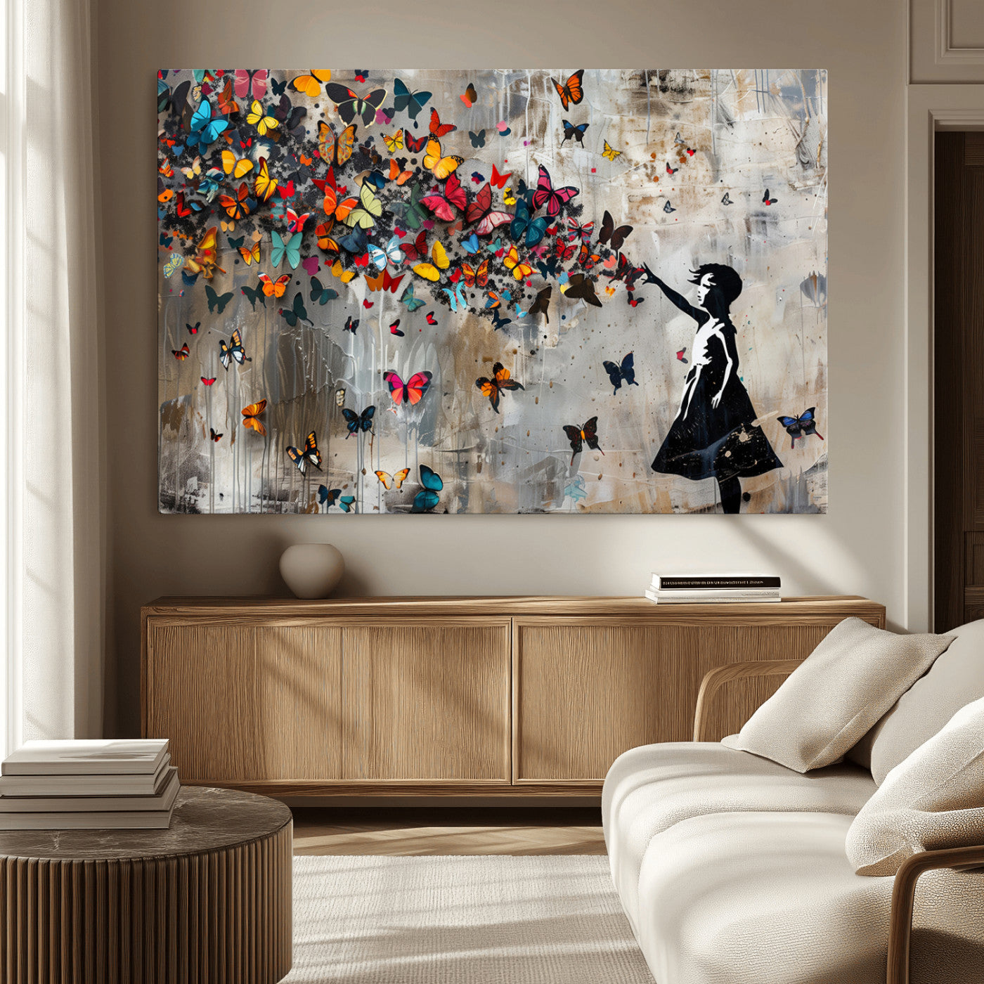 MGV-CV-36X24 - Banksy Wall Art - Banksy Girl and Butterfly Explosion Wall Art Canvas Print | Girl with Butterflies