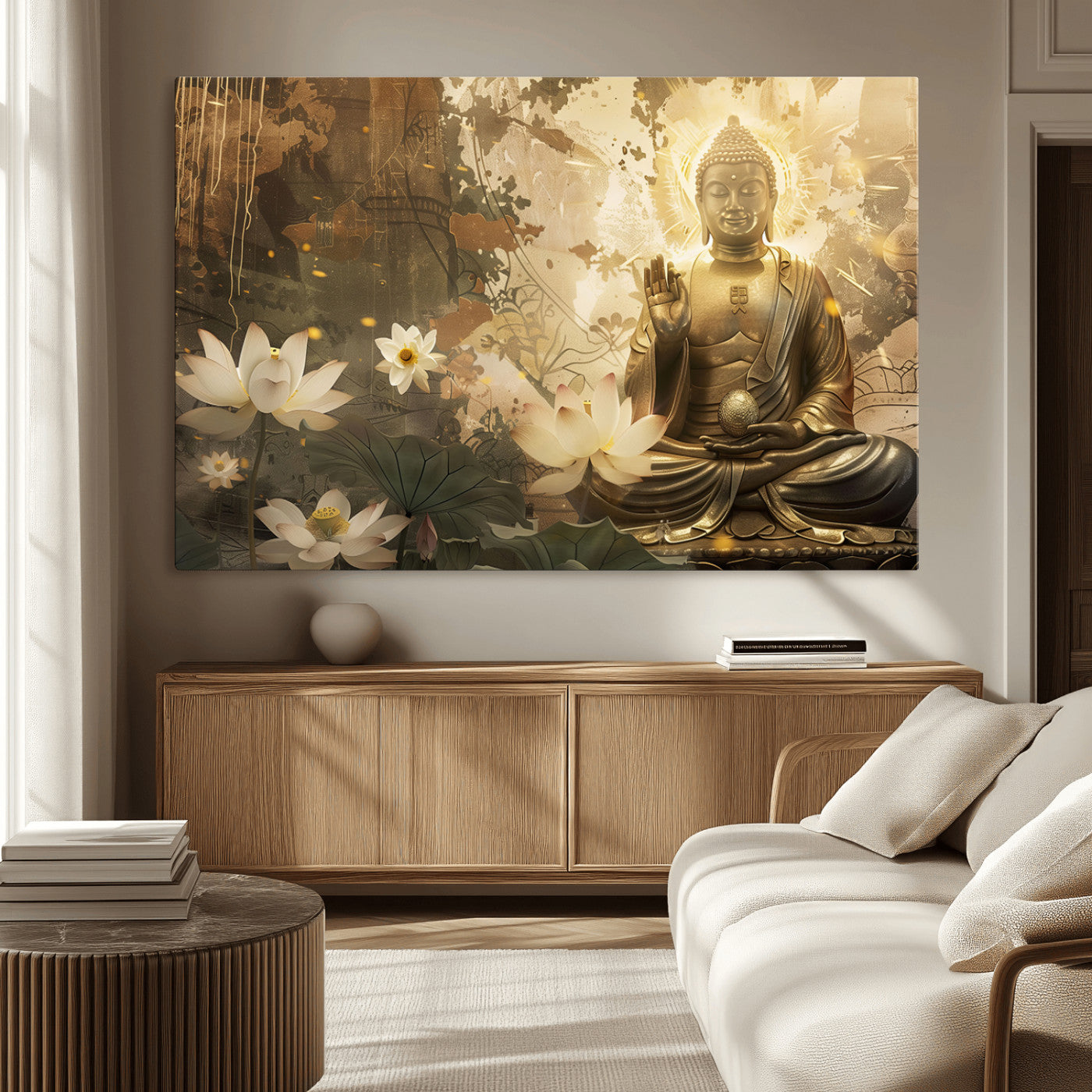 MGV-CV-36X24 - Zen Buddha Wall Art Canvas Print | Peaceful Meditation Decor with Lotus Flowers | Spiritual Serenity