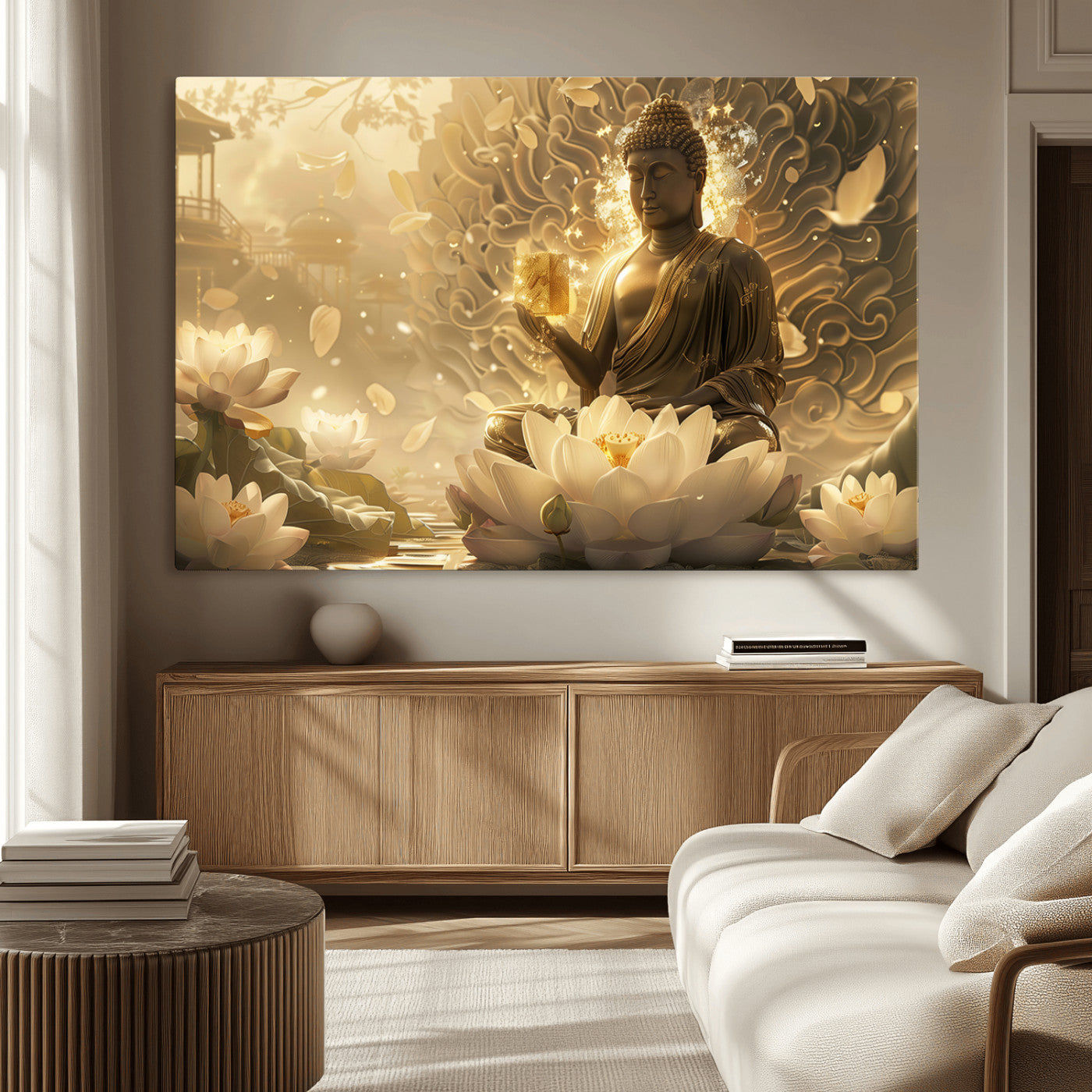 MGV-CV-36X24 - Golden Buddha Wall Art | Yoga Room Decor and Meditation Room Wall Art | Framed and Ready to Hang