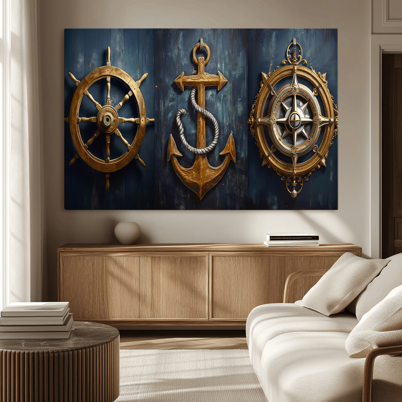 MGV-CV-36X24 - Boat Anchor Compass With Rope Wall Art Canvas Print | Beach House Wall Art