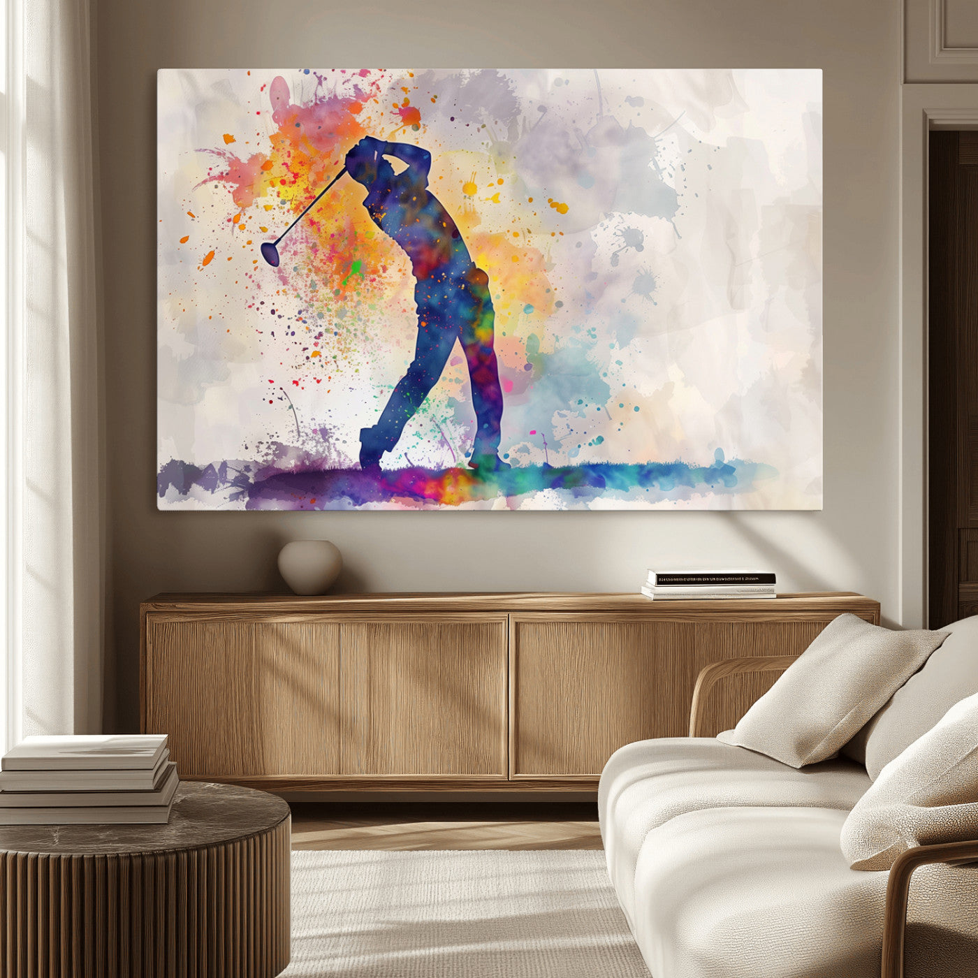 -Watercolor Golf Swing Wall Art Canvas Print | Vibrant Abstract Golf Player Silhouette |