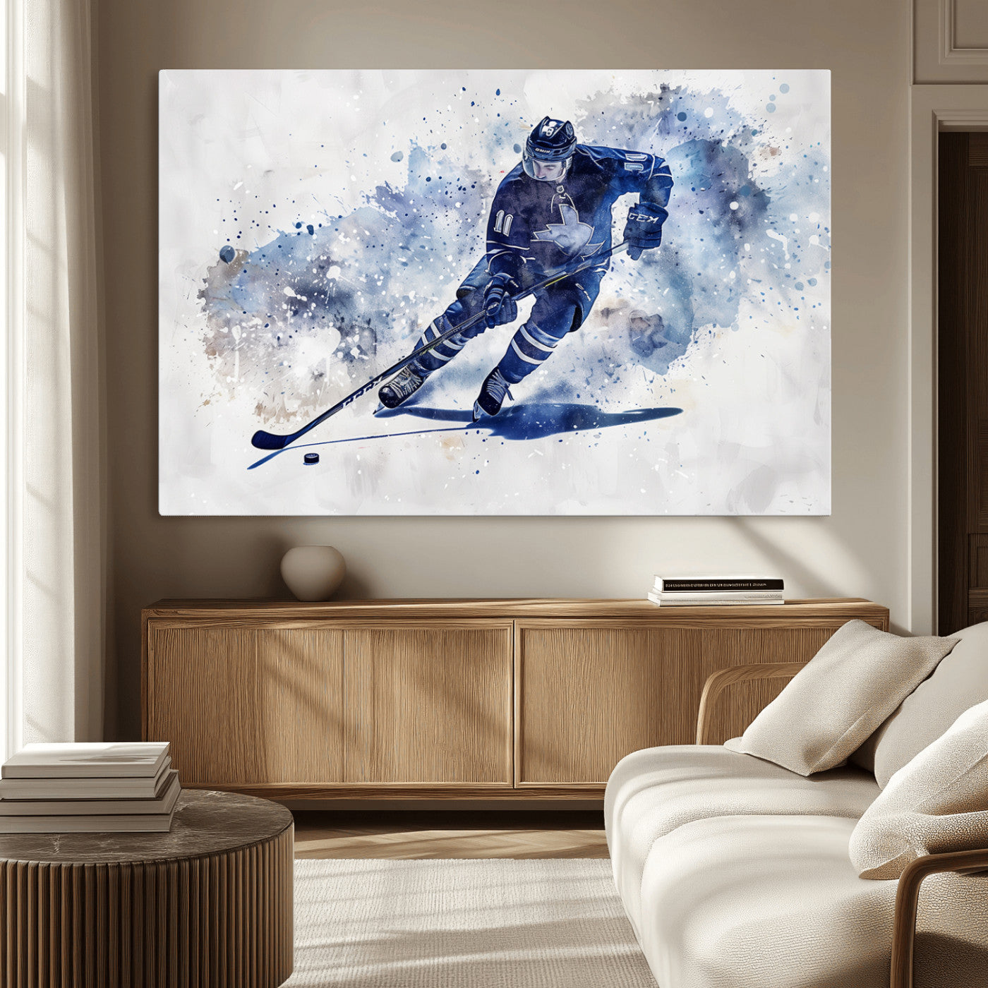 39795-MGV-CV-36X24-Hockey Player Wall Art Canvas Print - Sports-Inspired Watercolor Decor - Ready to Hang