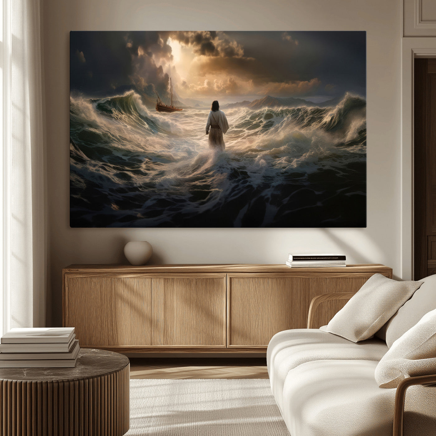 MGV-CV-36X24 - Jesus Walking on Water Wall Art Canvas Print - Religious Spiritual Decor - Jesus Wall Art Canvas