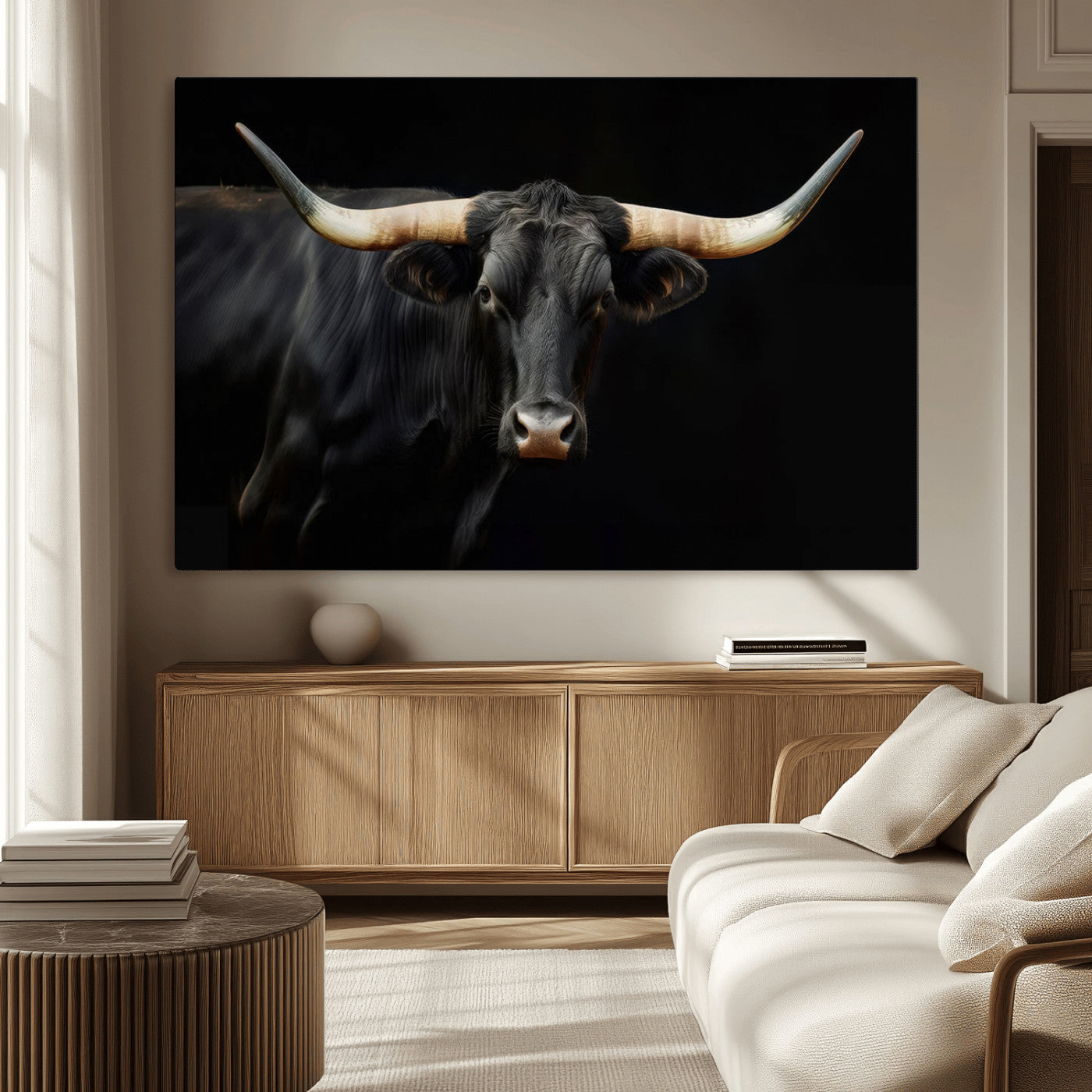 MGV-CV-36X24 - Texas Longhorn Cow | Majestic Black Bull Wall Art Canvas Print - Farmhouse Animal Decor - Ready to