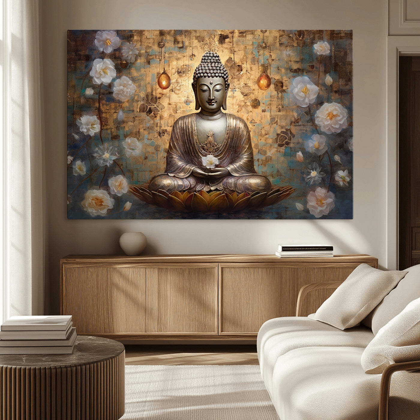 MGV-CV-36X24 - Golden Buddha Wall Art Canvas Print | Zen Meditation Floral Decor | Tranquil Spiritual Home Art |
