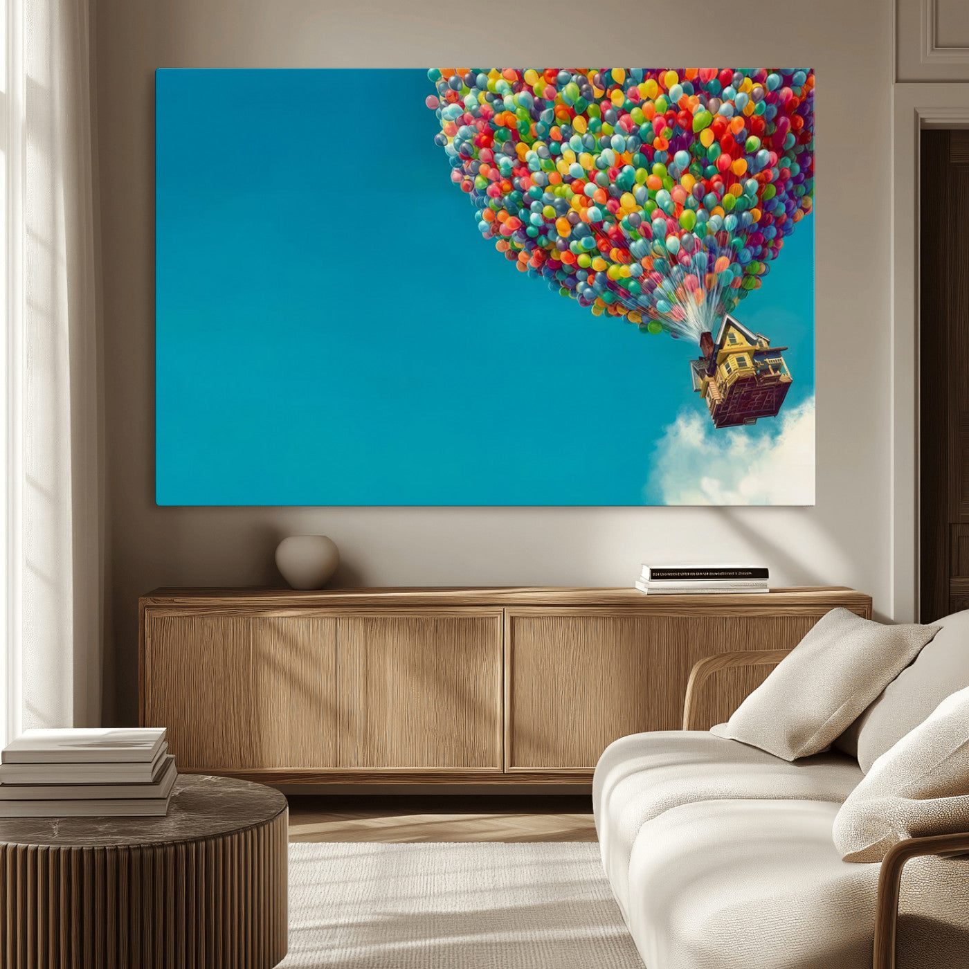 MGV-CV-36X24 - Carl Fredricksen, Up Movie Wall Art, Colorful Balloon House Art | Whimsical Wall Decor for Living