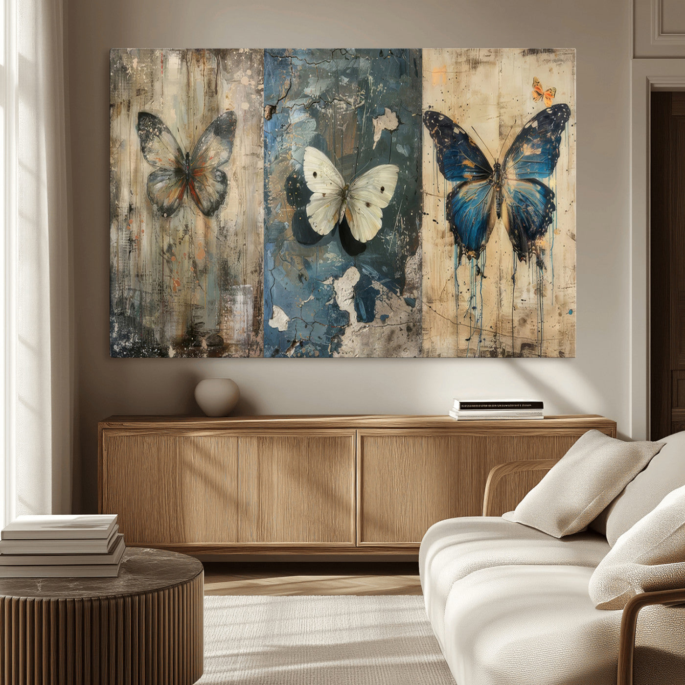 MGV-CV-36X24 - Butterfly Wall Art Trio | Vintage Butterfly Canvas Print | Ready to Hang Framed Artwork for