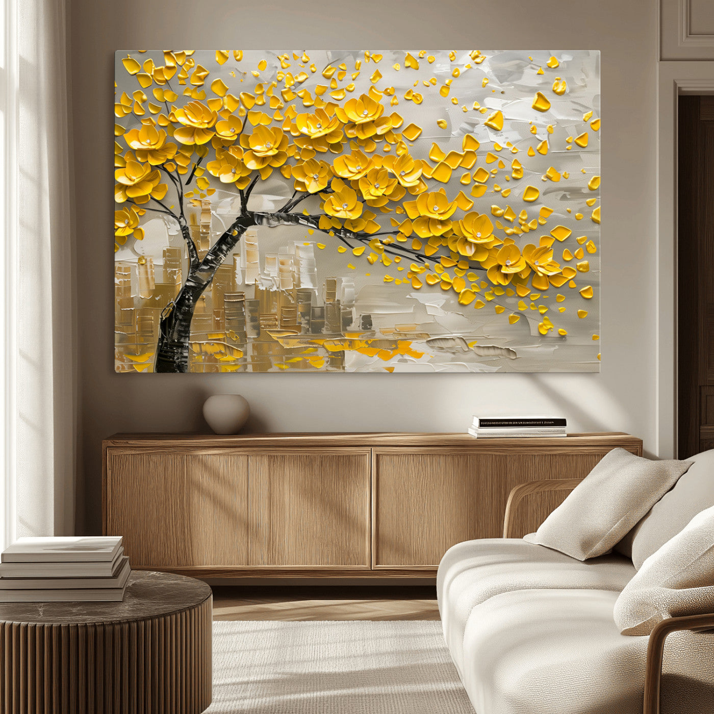 -Yellow Blossom Tree Canvas Wall Art - Floral Abstract Modern Contemporary Artwork for Living Room or