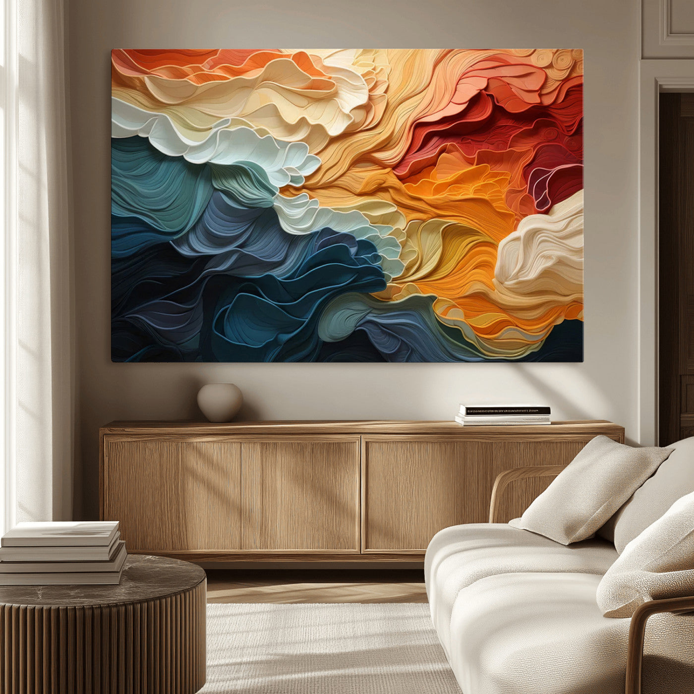MGV-CV-36X24 - Blue Orange Abstract Wave Wall Art Canvas Print, Framed Blue Orange Wave Wall Art