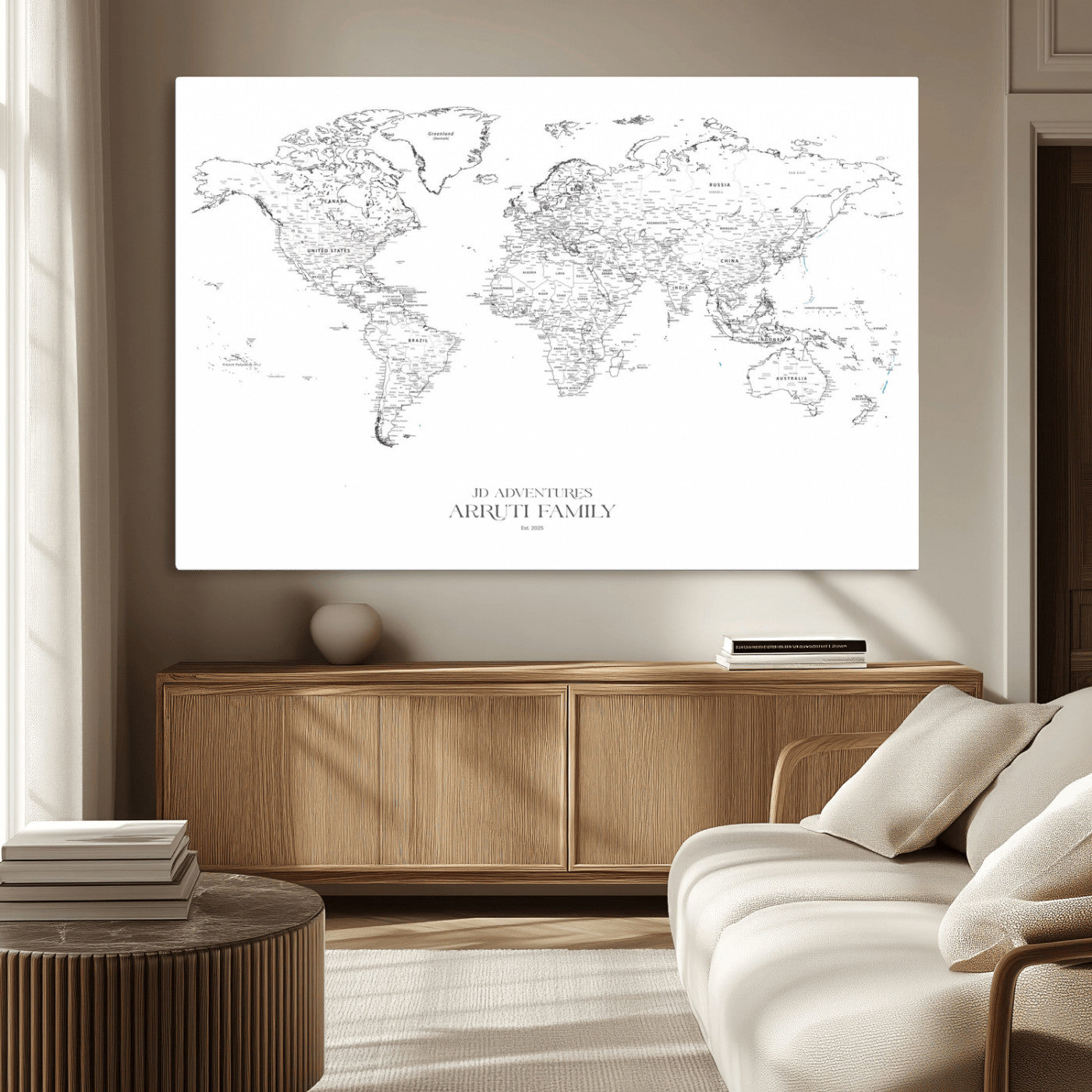 MGV-CV-36X24 - Custom World Map Wall Art – Personalized Framed Canvas Print with Push Pins for Travel Tracking,