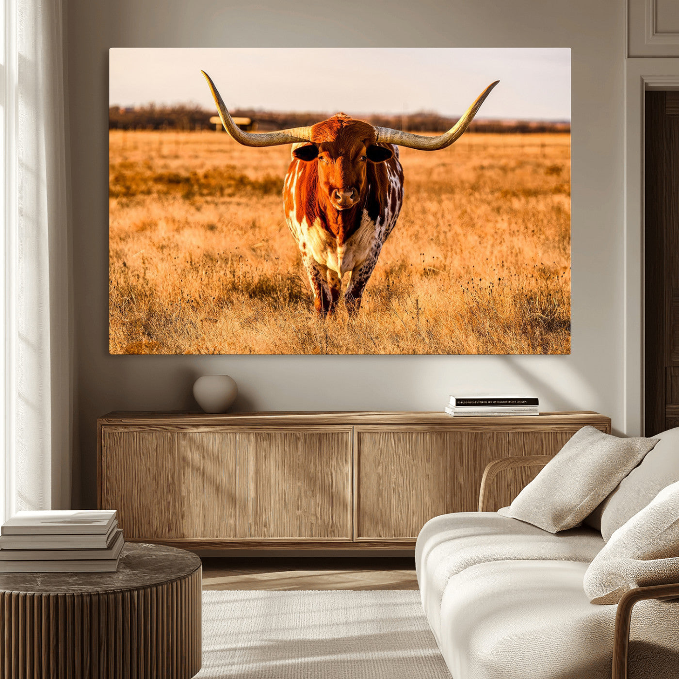 MGV-CV-36X24 - Longhorn Cow Wall Art | Ready to Hang Framed Canvas Print for Farmhouse and Barn Decor