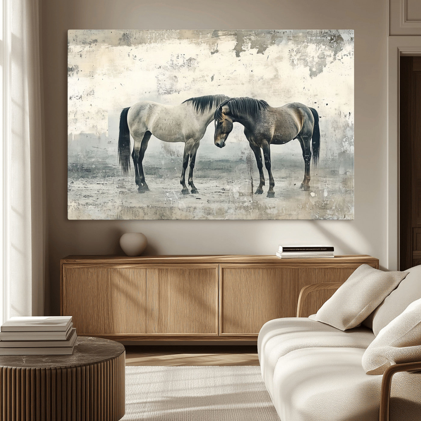 MGV-CV-36X24 - Chines Style Majestic Horses Wall Art | Ready to Hang and Framed Triptych Print | Western Farmhouse