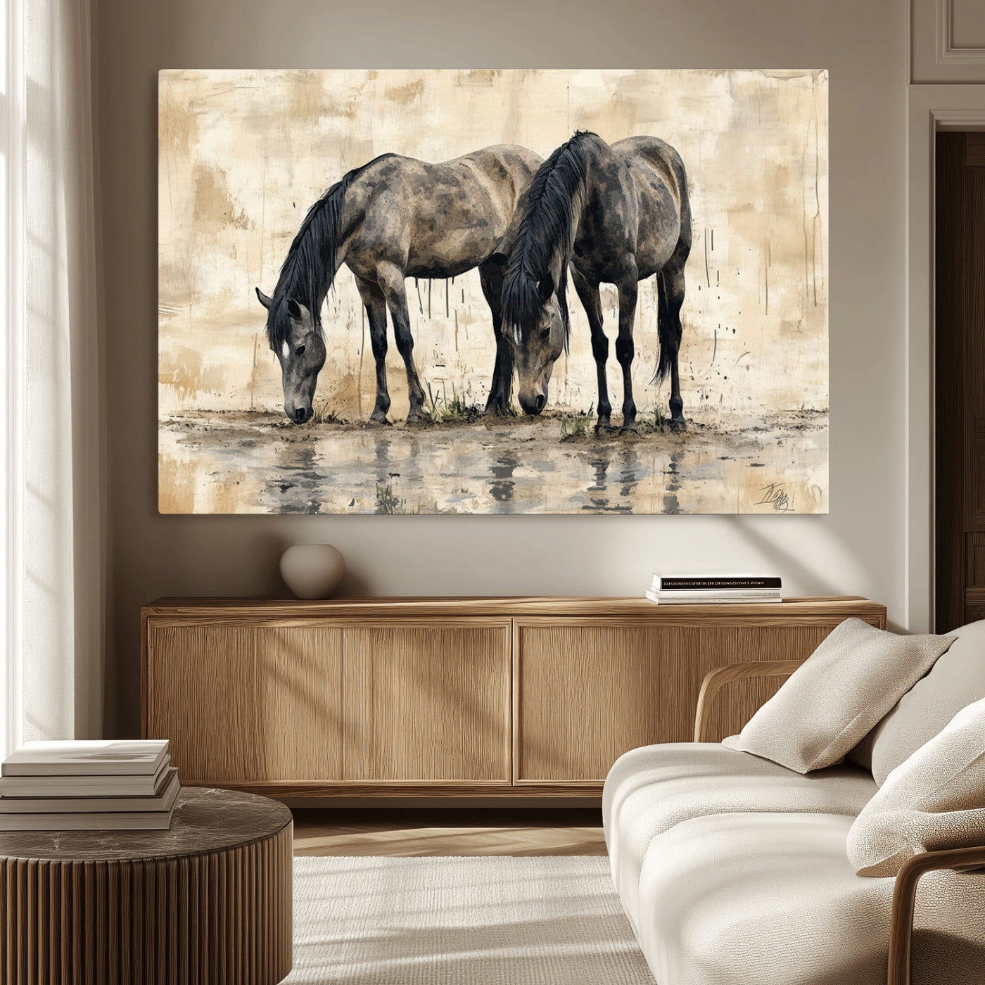 MGV-CV-36X24 - Chinese Style Abstract Black Horses Wall Art Canvas Print - Abstract Horse Wall Art Canvas Print