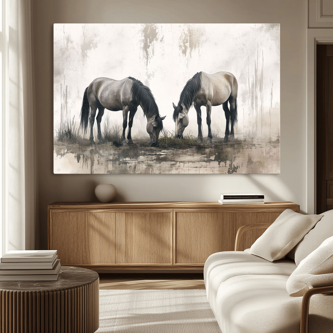 MGV-CV-36X24 - Chines Ink Style Vintage Horses Wall Art Canvas Print for Farmhouse Wall Decor