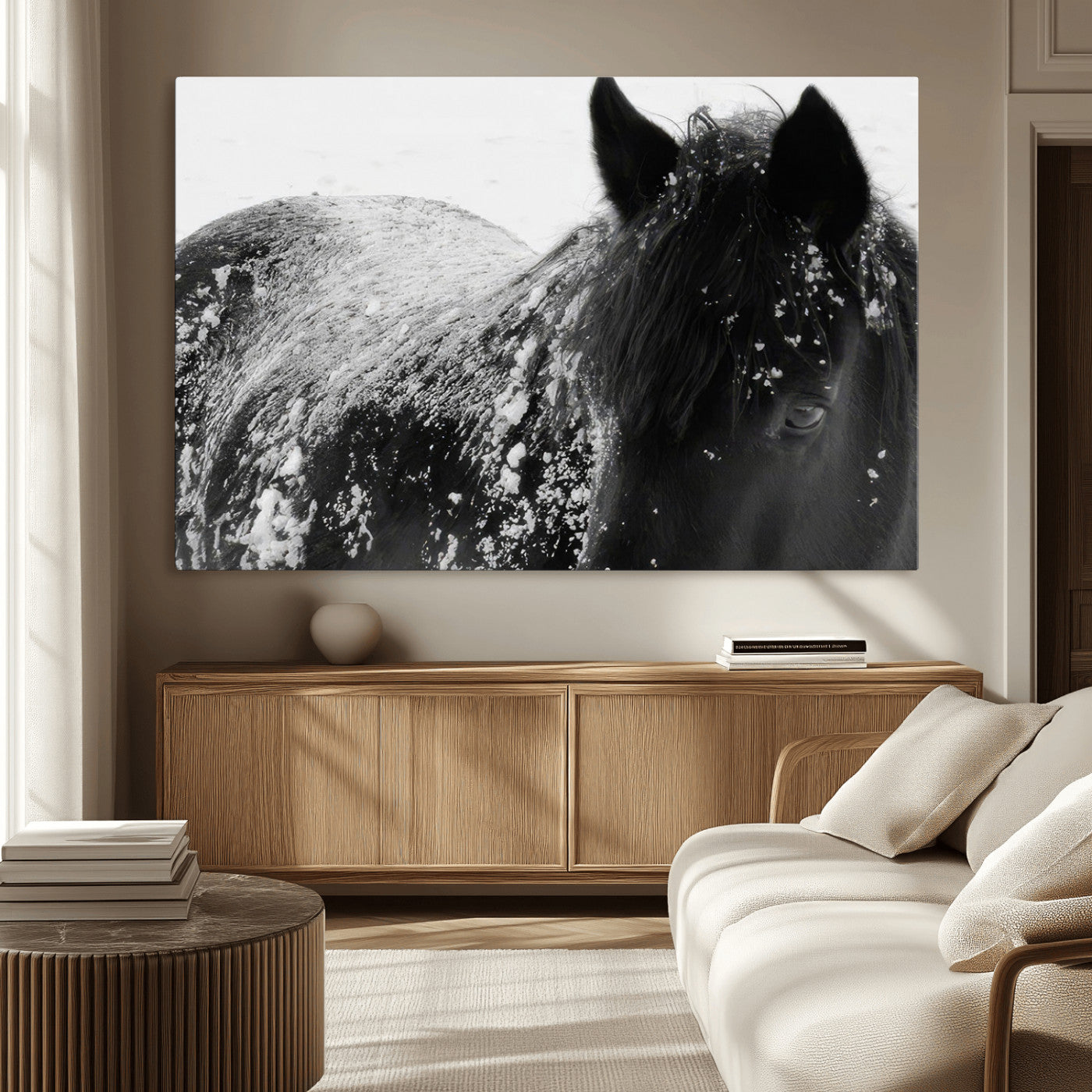 MGV-CV-36X24 - Black Horse in Snow Canvas Print | Winter Horse Wall Art | Ready to Hang and Framed | Farmhouse Wall