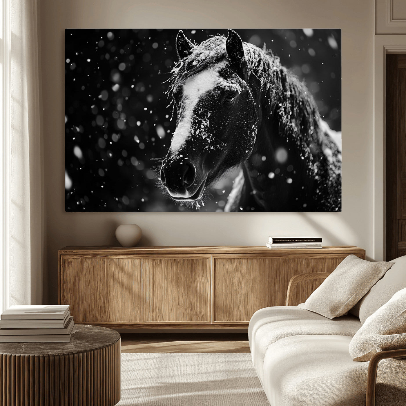 MGV-CV-36X24 - Winter Horse Wall Art | Black and White Horse Print | Ready to Hang and Framed | Farmhouse Wall Art