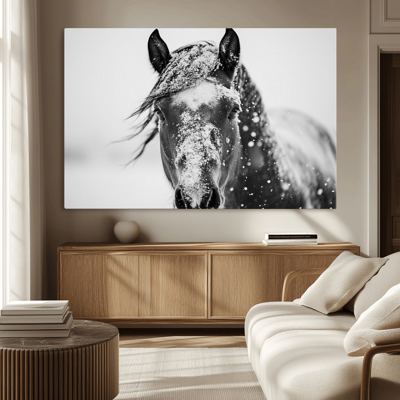 MGV-CV-36X24 - Western Wall Art | Black and White Winter Horse Wall Art | Ready to Hang and Framed | Farmhouse and