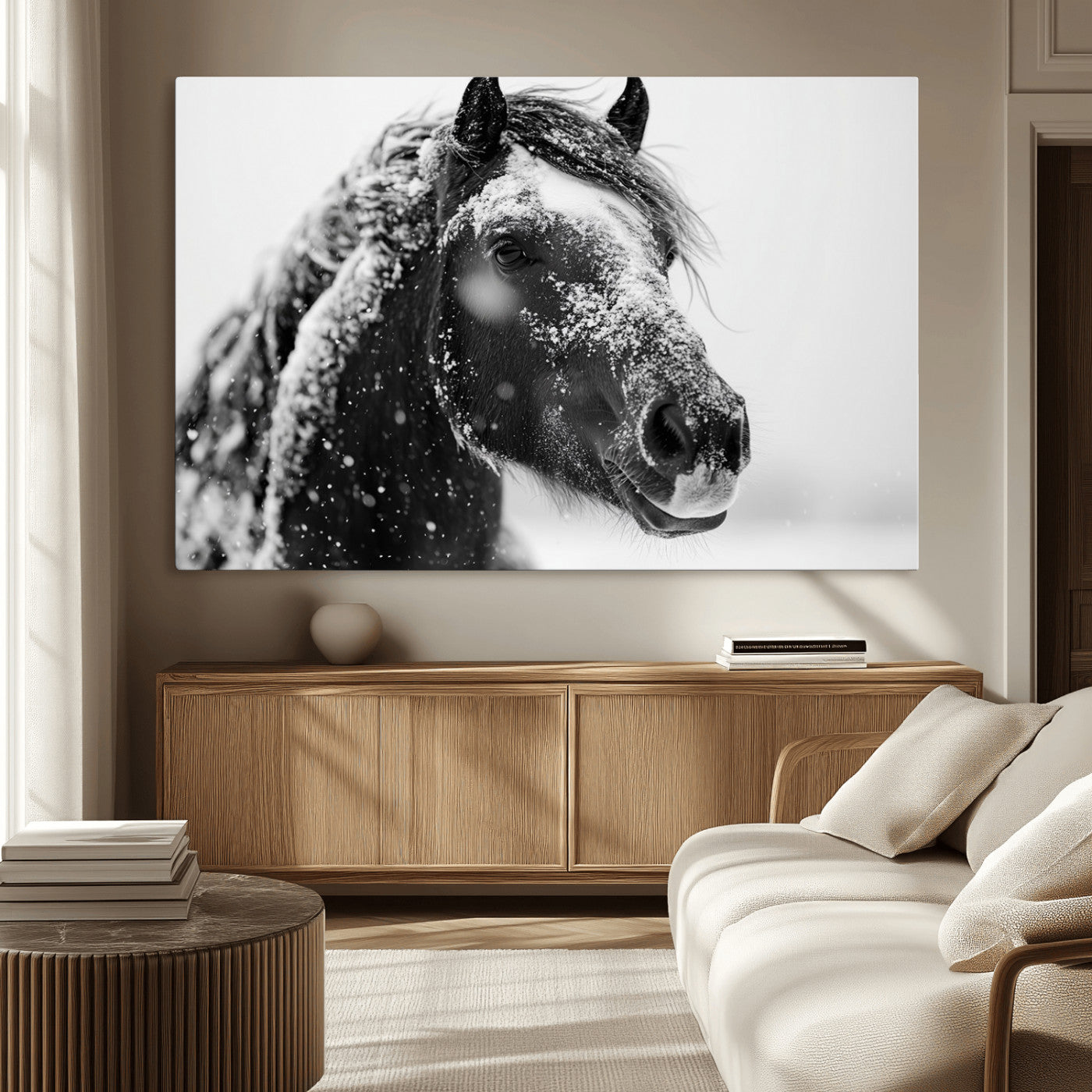 MGV-CV-36X24 - Winter Horse Canvas Print | Large 3-Panel Black White Equine Photography for Rustic Farmhouse Wall