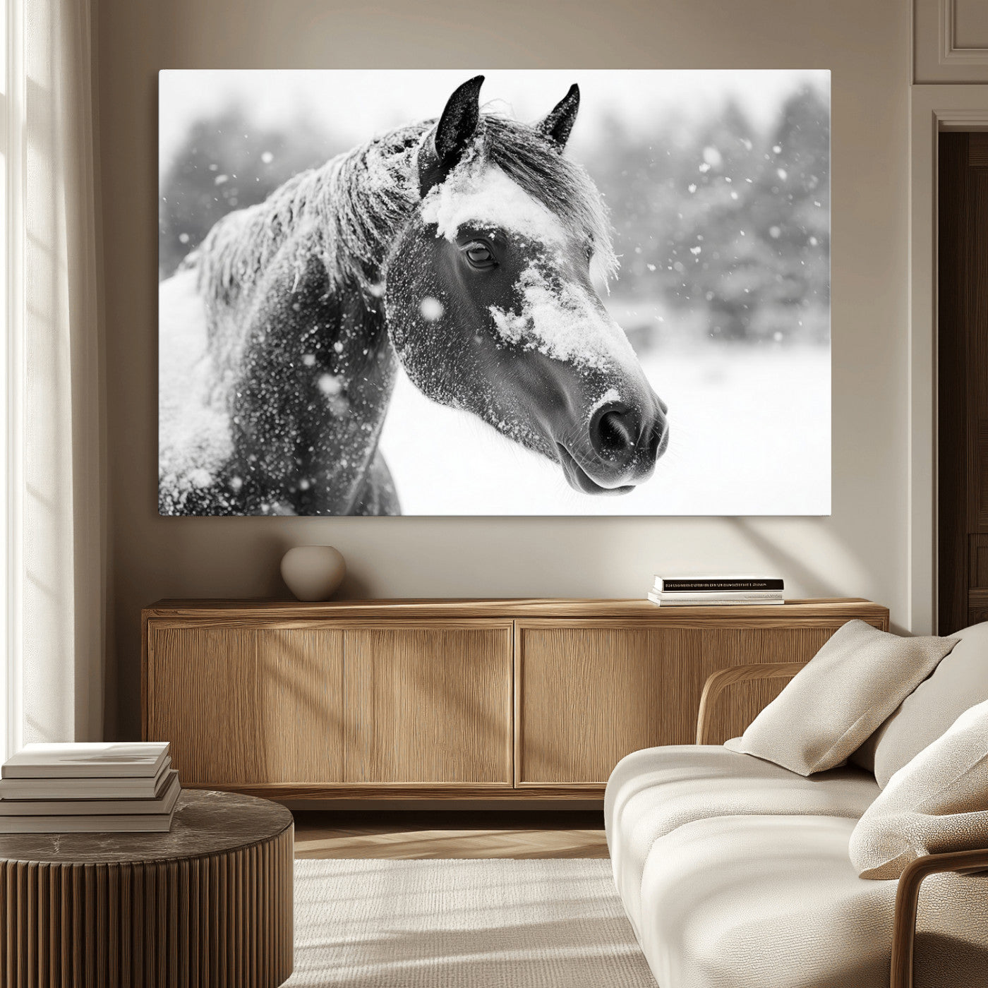 MGV-CV-36X24 - Black Horse Winter Wall Art | Ready to Hang and Framed | Farmhouse and Western Wall Decor for Living