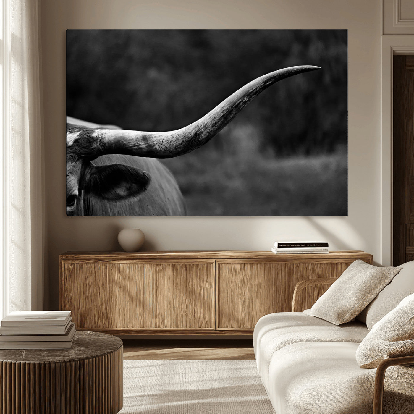 MGV-CV-36X24 - Cow Longhorn Wall Art | Black and White Print | Ready to Hang and Framed | Farmhouse Wall Decor |