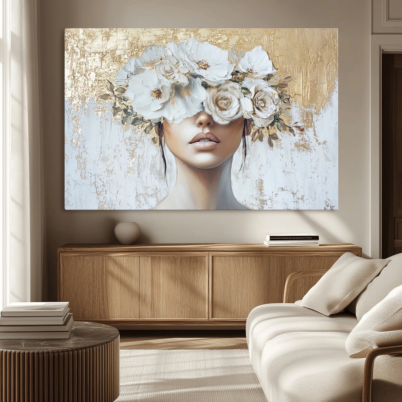 MGV-CV-36X24 - Golden Petal Wall Art - Canvas Print Flower Head Woman Painting Floral Woman Portrait Wall Decor,