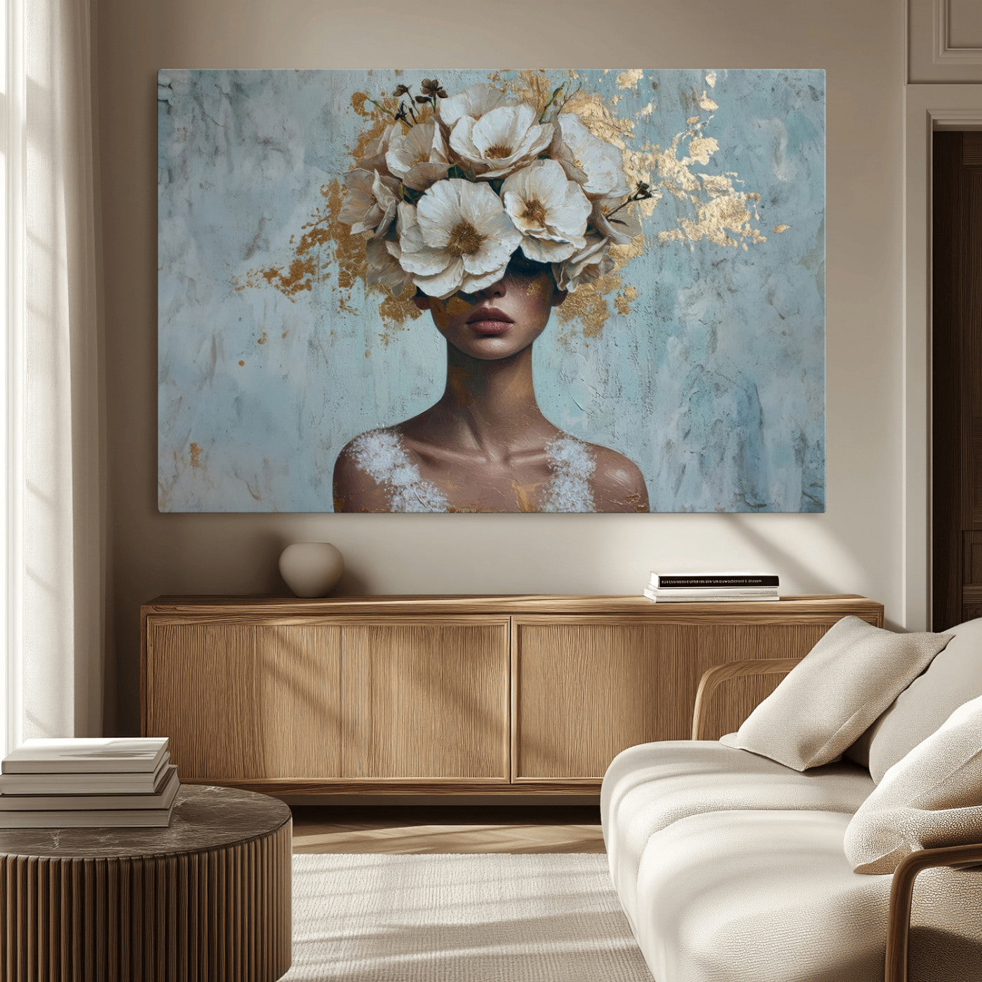 MGV-CV-36X24 - Golden Petal Wall Art - Petal Silhouette Woman Wall Art Canvas Print | Large 3-Panel Canvas with