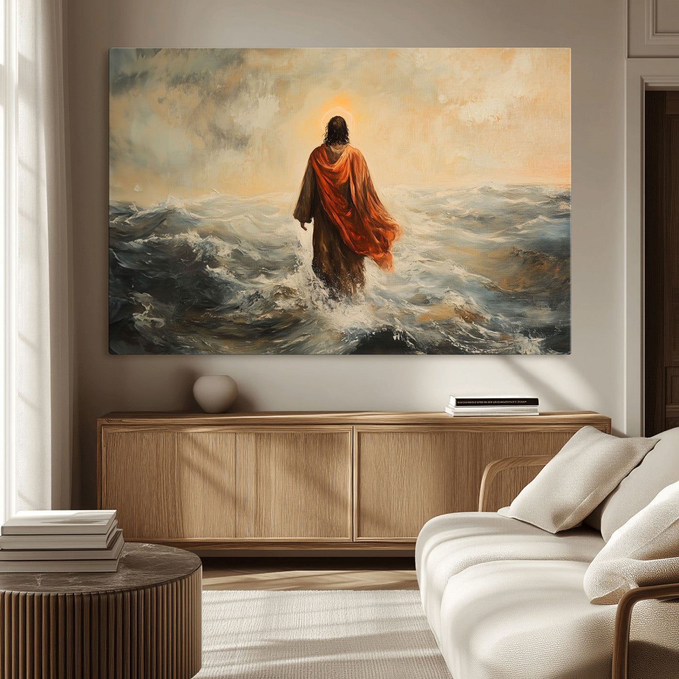 MGV-CV-36X24 - Jesus Walking on Water, Christian Wall Art, Jesus Christ Walking on Oil Painting Style Print