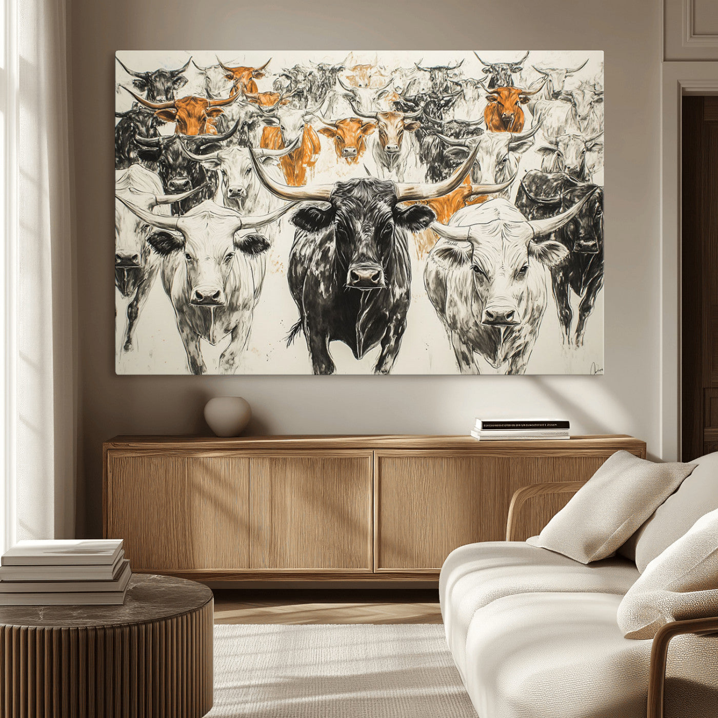 MGV-CV-36X24 - Texas Longhorn Wall Art - Herd Canvas Wall Art Print - Abstract Cow Drawing Wall Art Print for