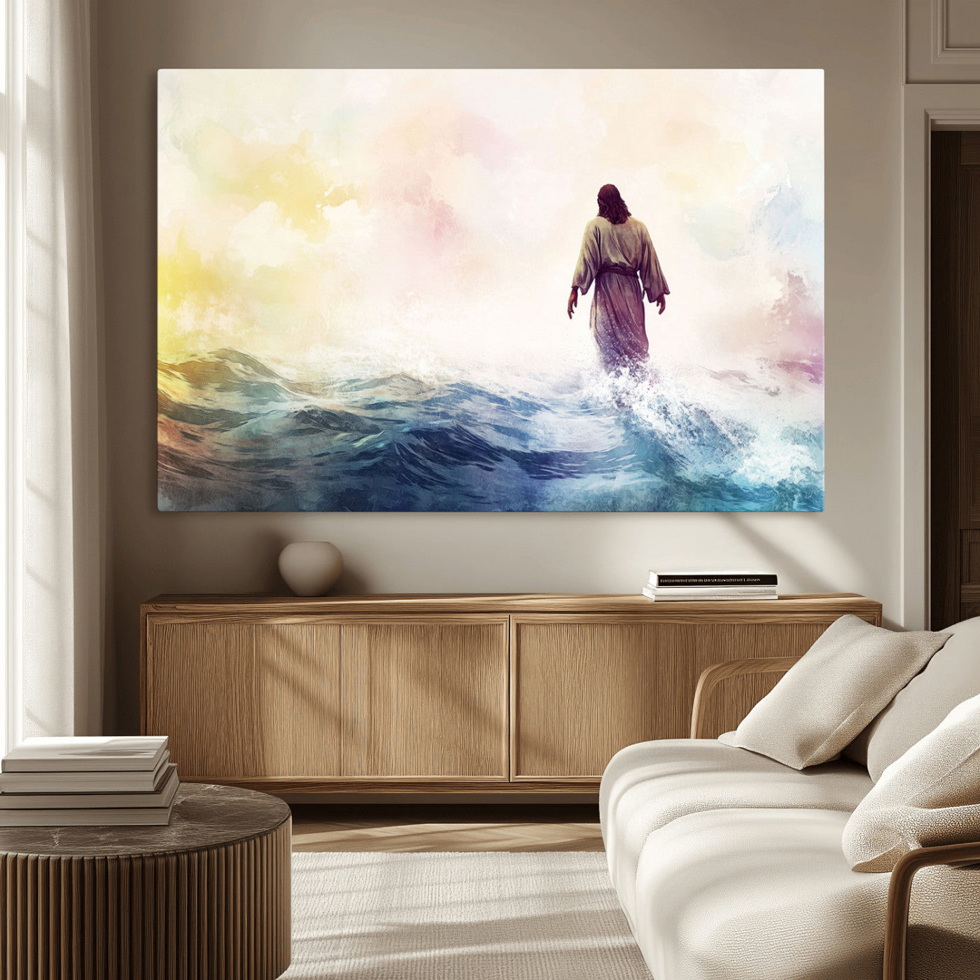MGV-CV-36X24 - Watercolor Jesus Walking on Water Canvas Print, Christian Wall Art, Jesus Christ Walking