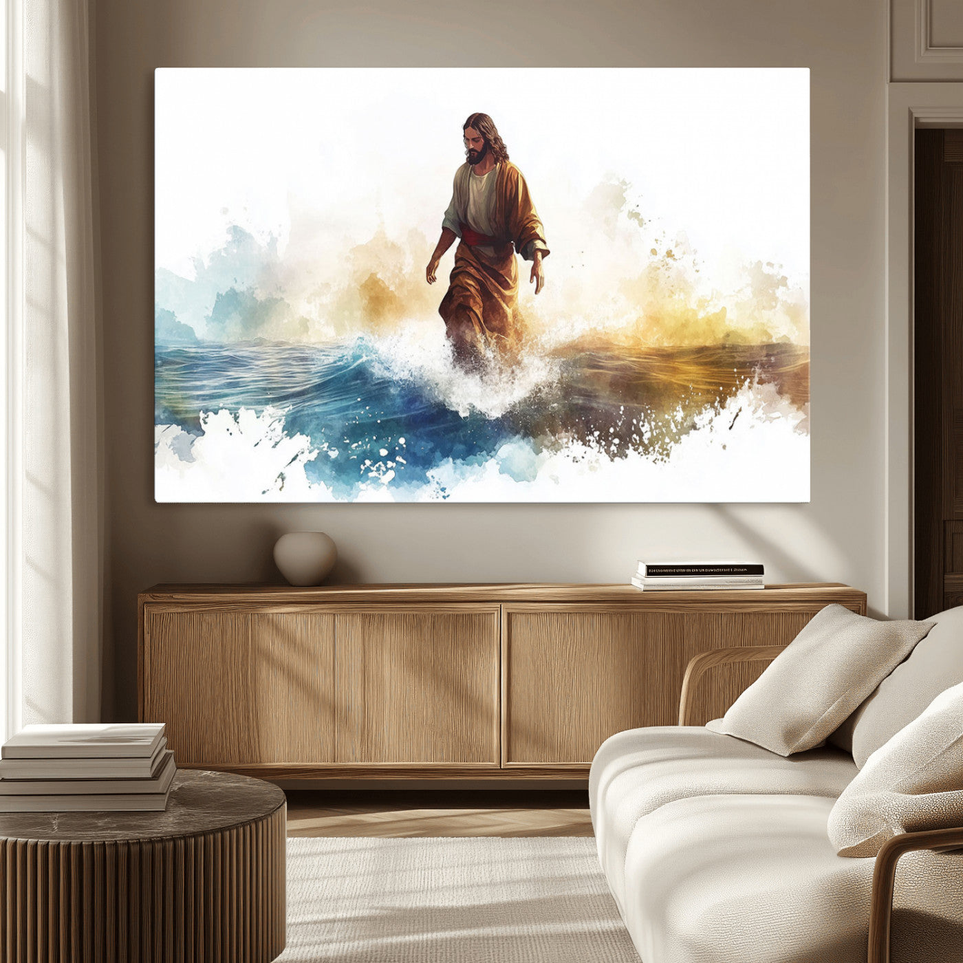 MGV-CV-36X24 - Watercolor Jesus Walking Wall Art Print, Jesus Water Canvas Print, Christian Wall Art, Jesus Christ