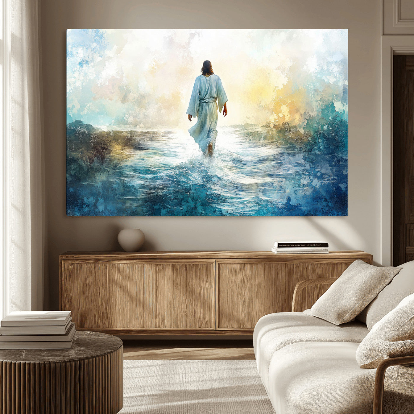 MGV-CV-36X24 - Watercolor Jesus Walking on Water Canvas Print, Christian Wall Art, Jesus Christ Walking