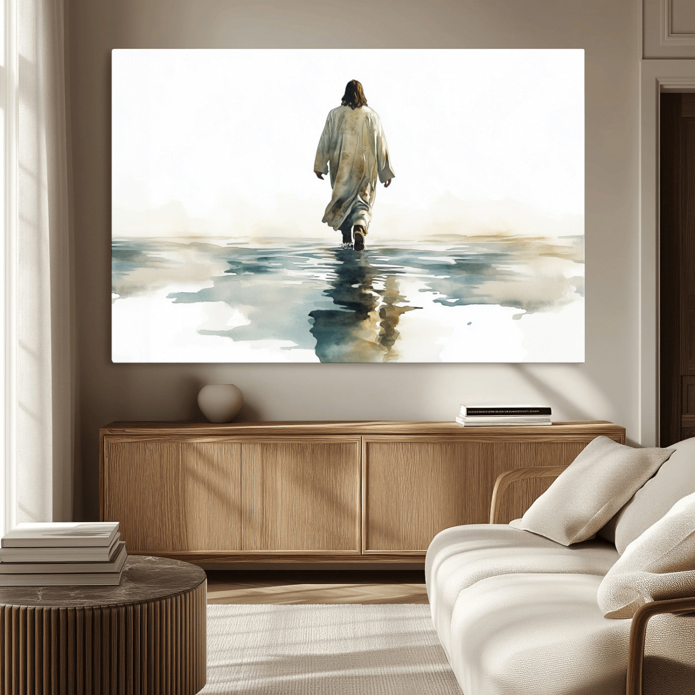 MGV-CV-36X24 - Watercolor Jesus Walking on Water Canvas Print, Christian Wall Art, Jesus Christ Walking